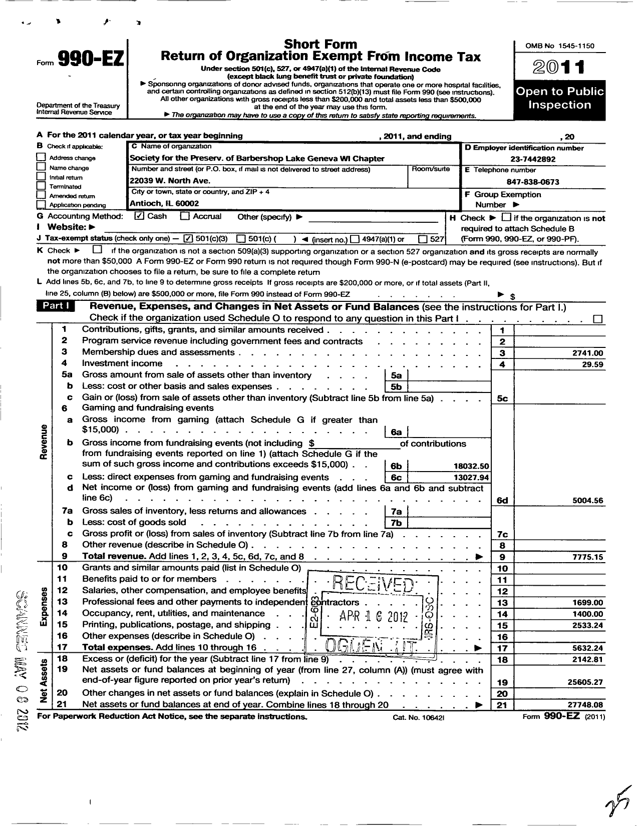 Image of first page of 2011 Form 990EZ for Barbershop Harmony Society - H070 Lake Geneva