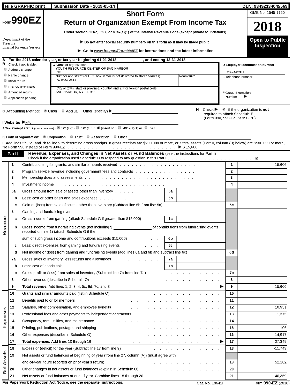 Image of first page of 2018 Form 990EZ for Youth Resource Center of Sag Harbor