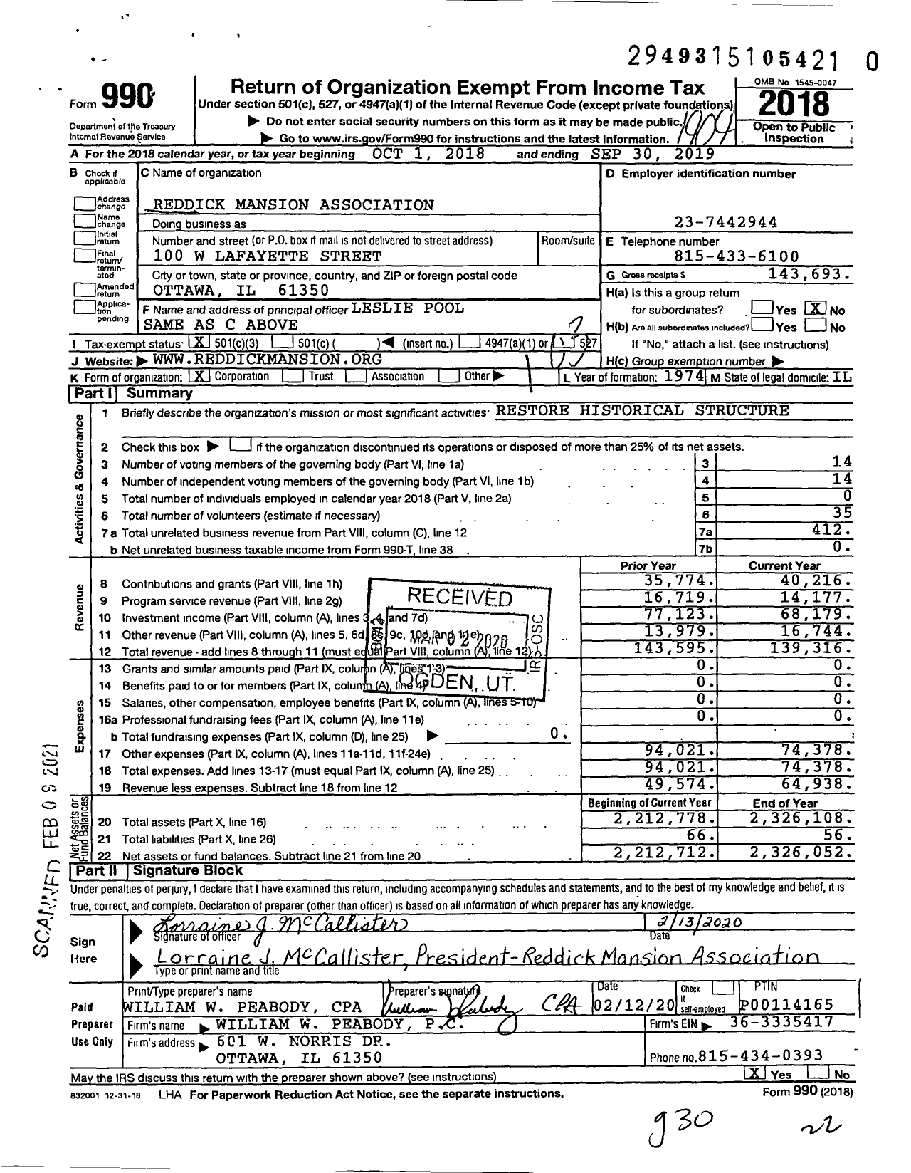 Image of first page of 2018 Form 990 for Reddick Mansion Association