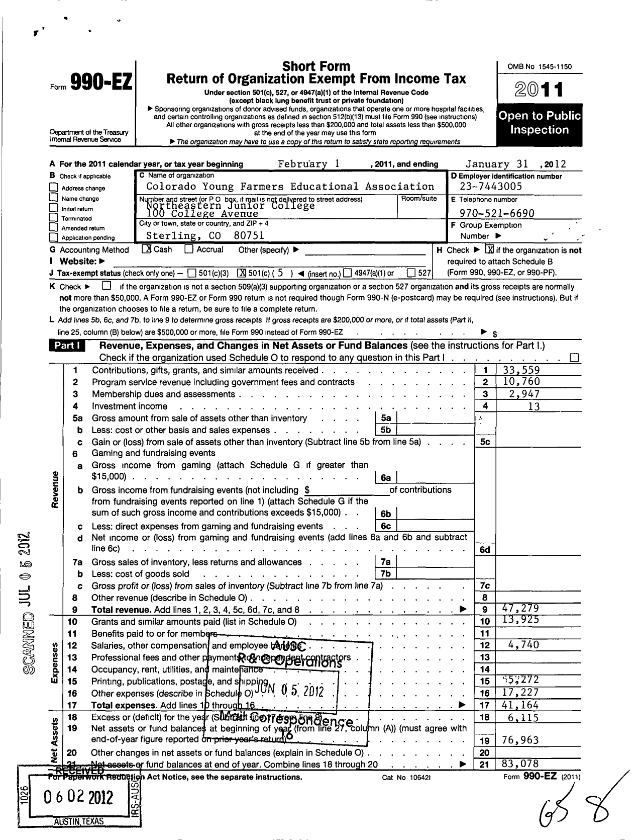 Image of first page of 2011 Form 990EO for Colorado Young Farmers Educational Association