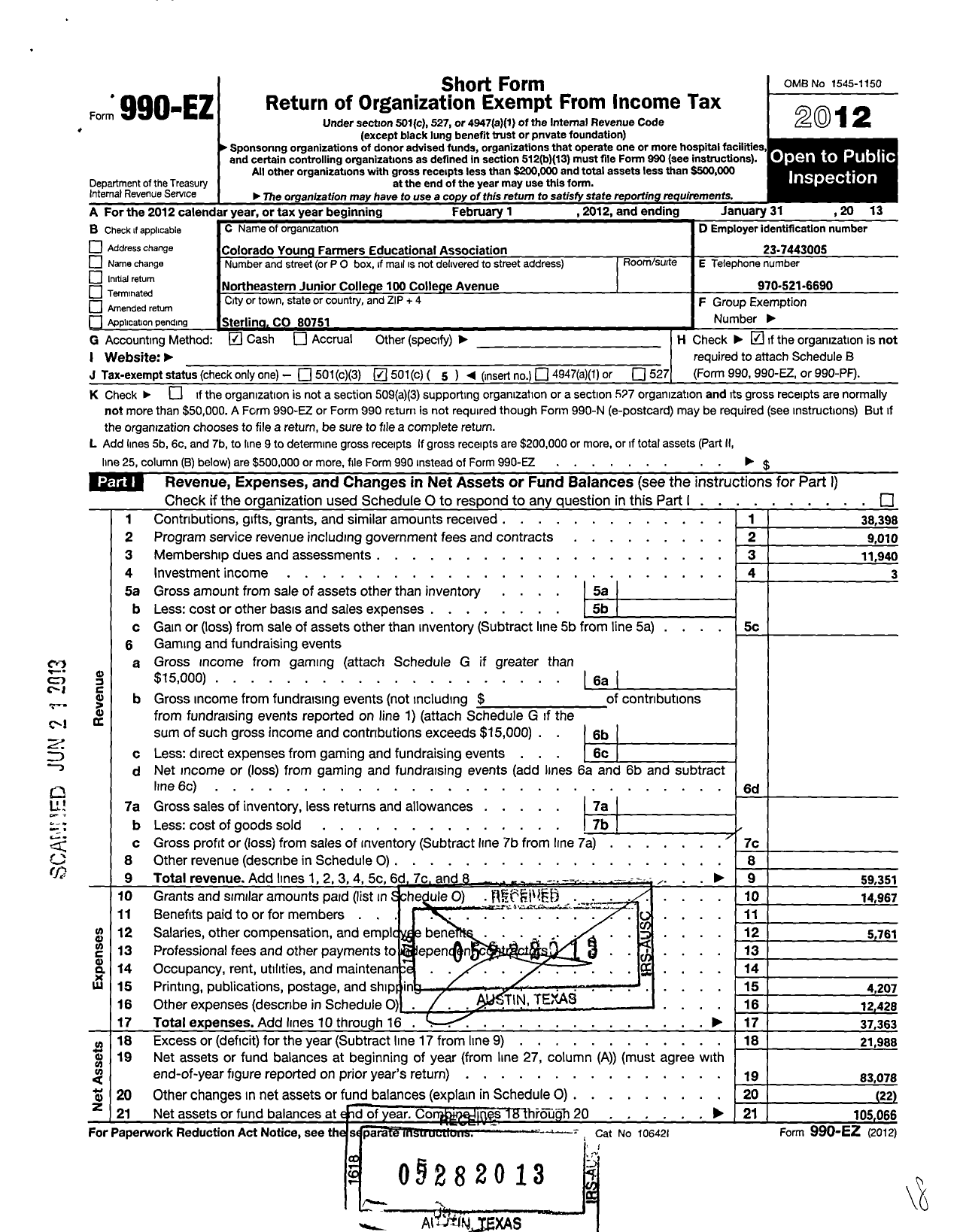 Image of first page of 2012 Form 990EO for Colorado Young Farmers Educational Association