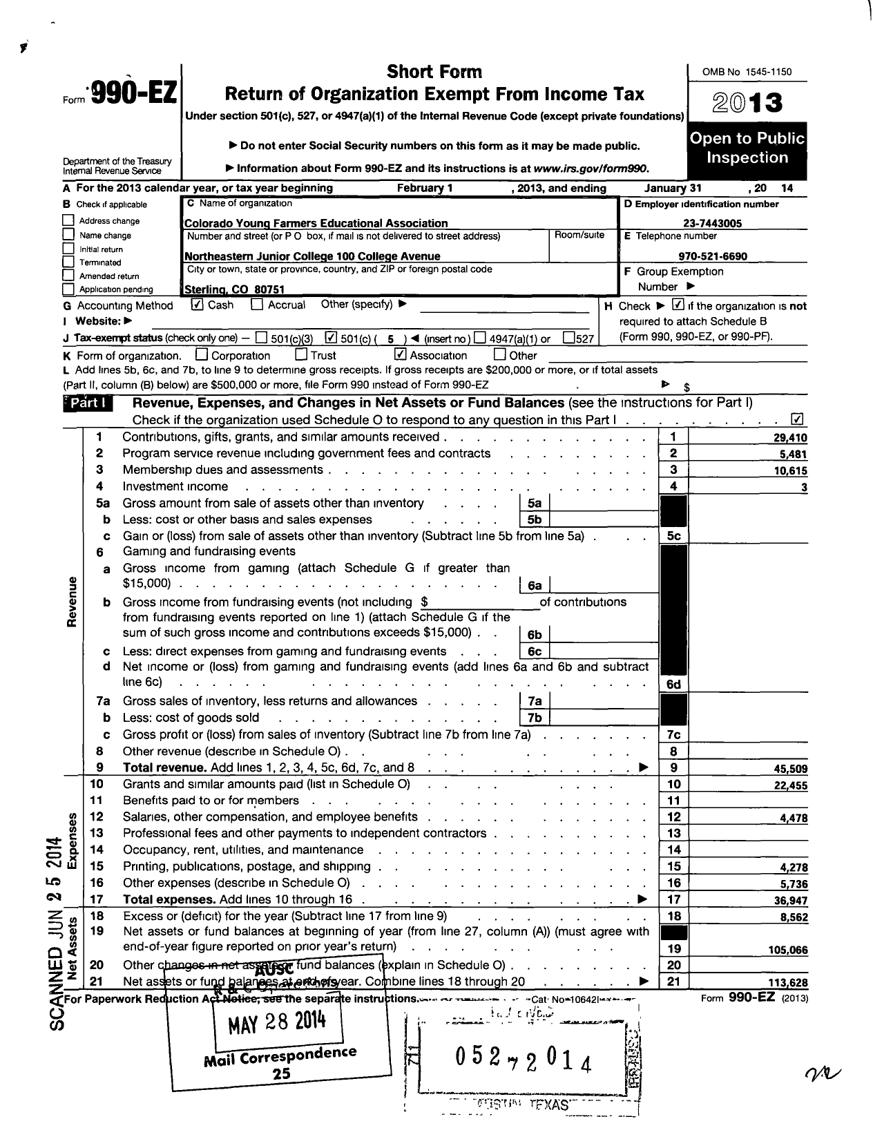 Image of first page of 2013 Form 990EO for Colorado Young Farmers Educational Association