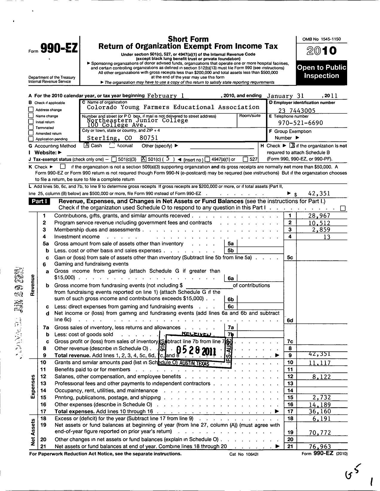 Image of first page of 2010 Form 990EO for Colorado Young Farmers Educational Association