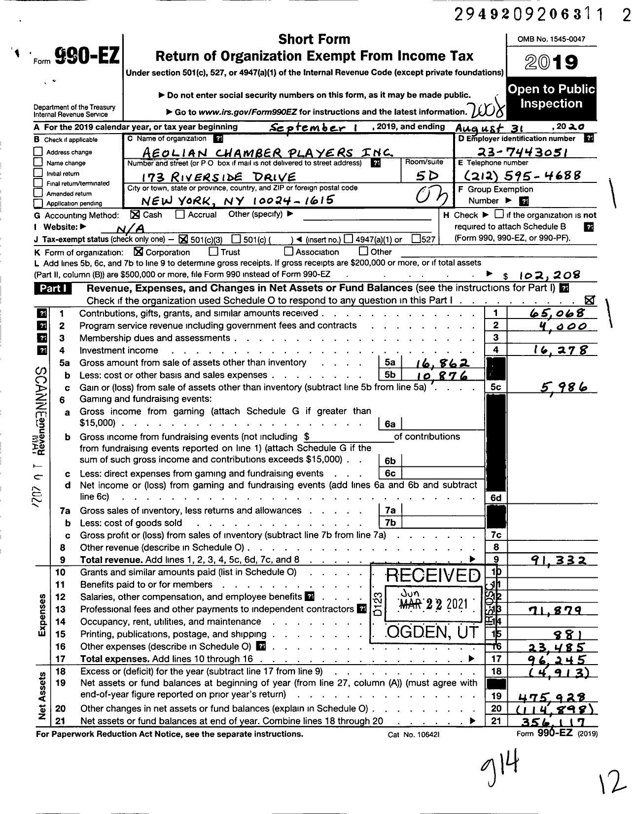 Image of first page of 2019 Form 990EZ for Aeolian Chamber Players