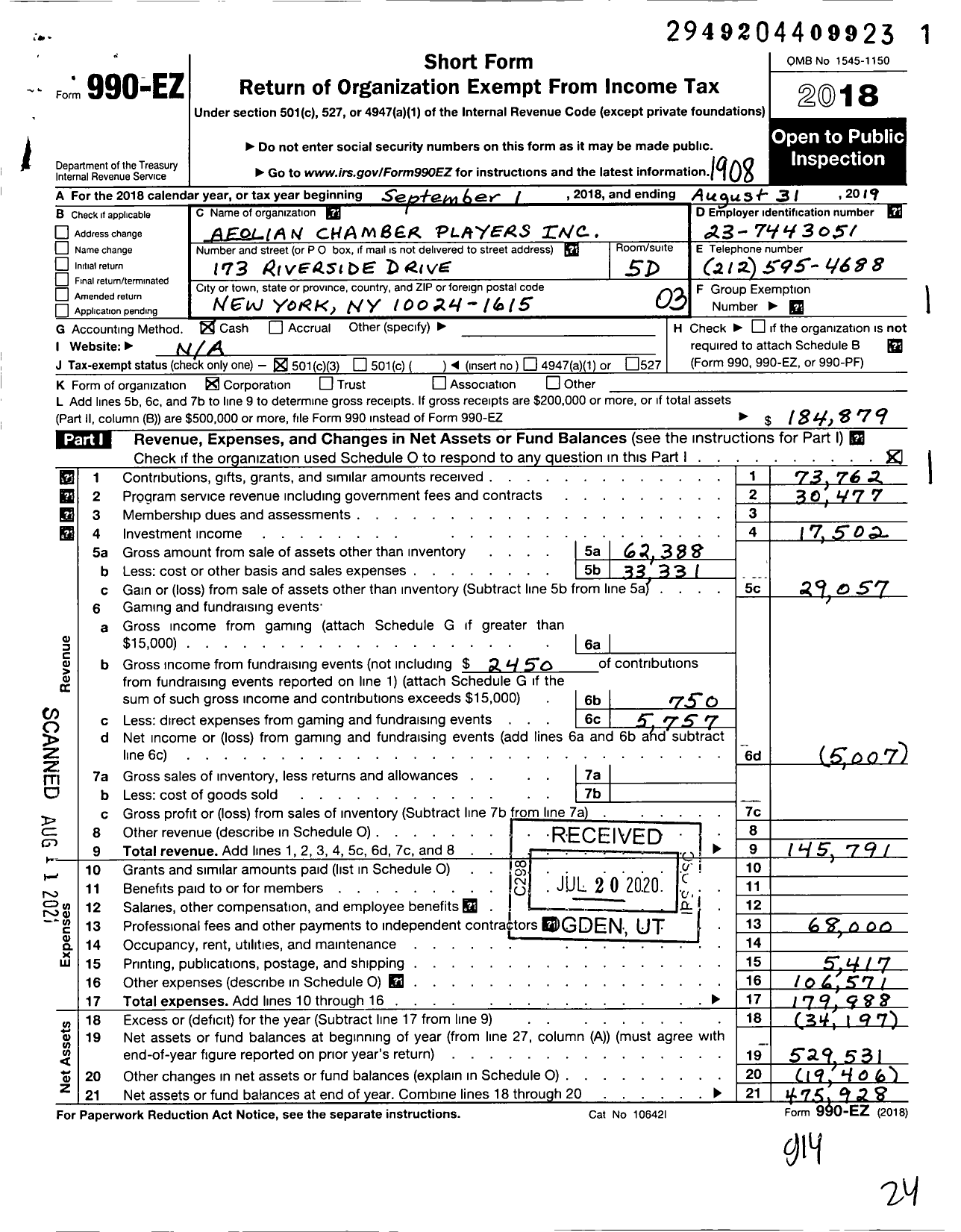 Image of first page of 2018 Form 990EZ for Aeolian Chamber Players