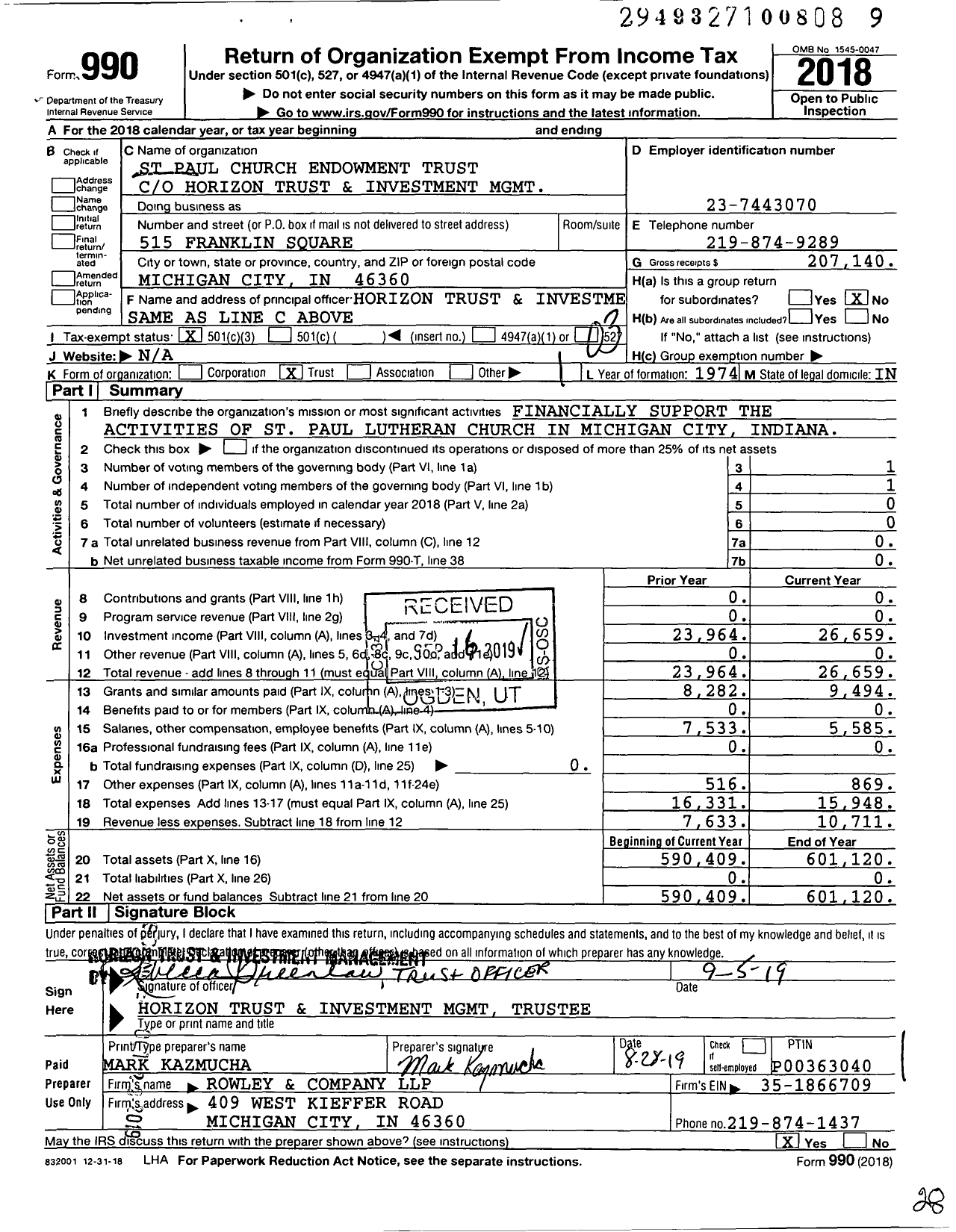 Image of first page of 2018 Form 990 for St Paul Church Endowment Trust