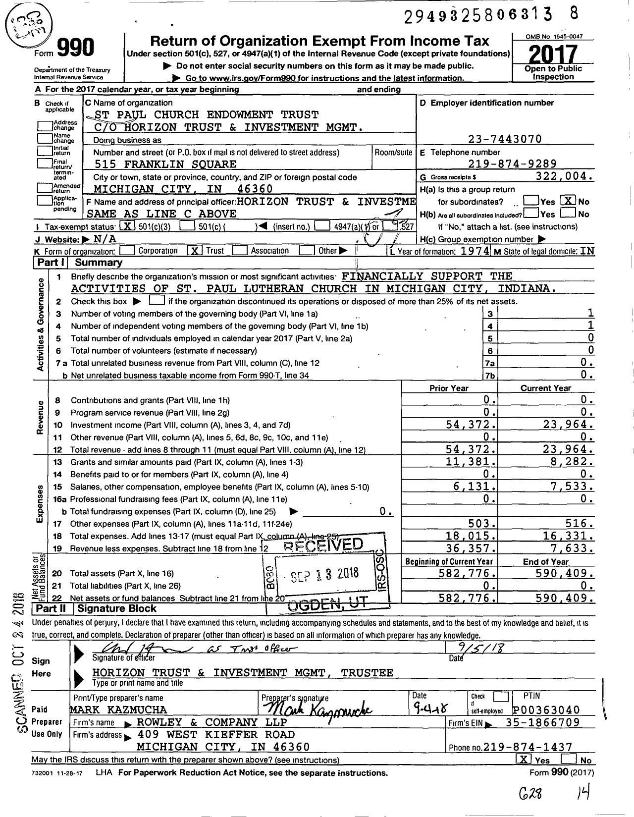 Image of first page of 2017 Form 990 for St Paul Church Endowment Trust