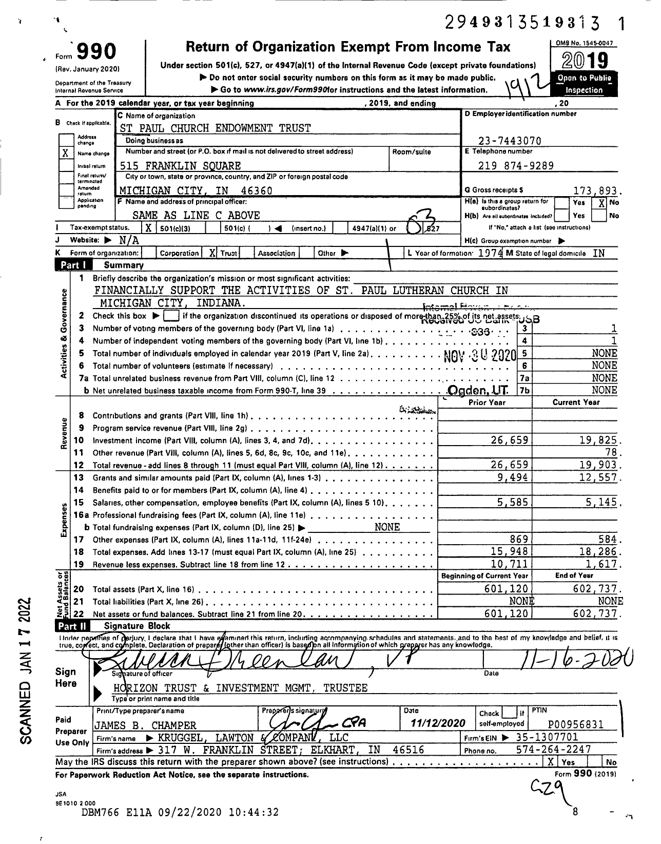 Image of first page of 2019 Form 990 for St Paul Church Endowment Trust