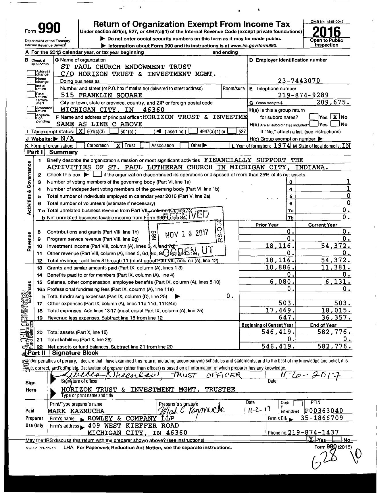 Image of first page of 2016 Form 990 for St Paul Church Endowment Trust