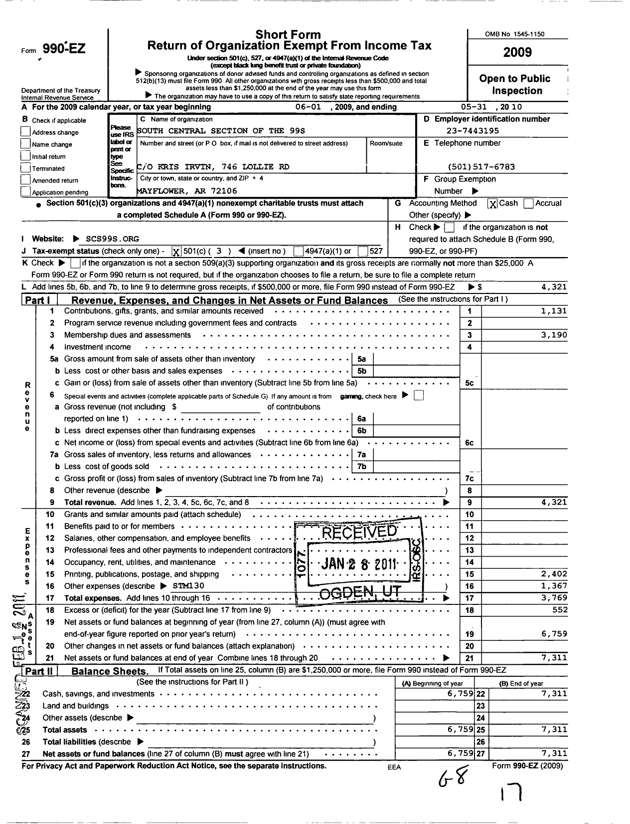 Image of first page of 2009 Form 990EZ for South Central Section of the Ninety-Nines