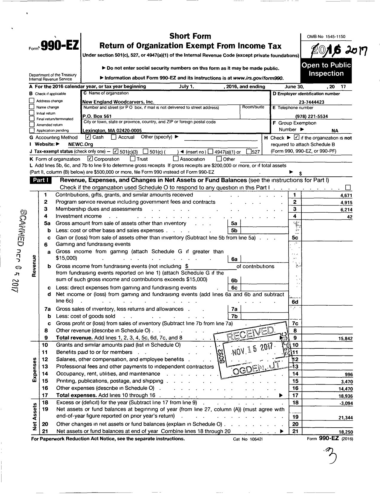 Image of first page of 2016 Form 990EZ for New England Woodcarvers