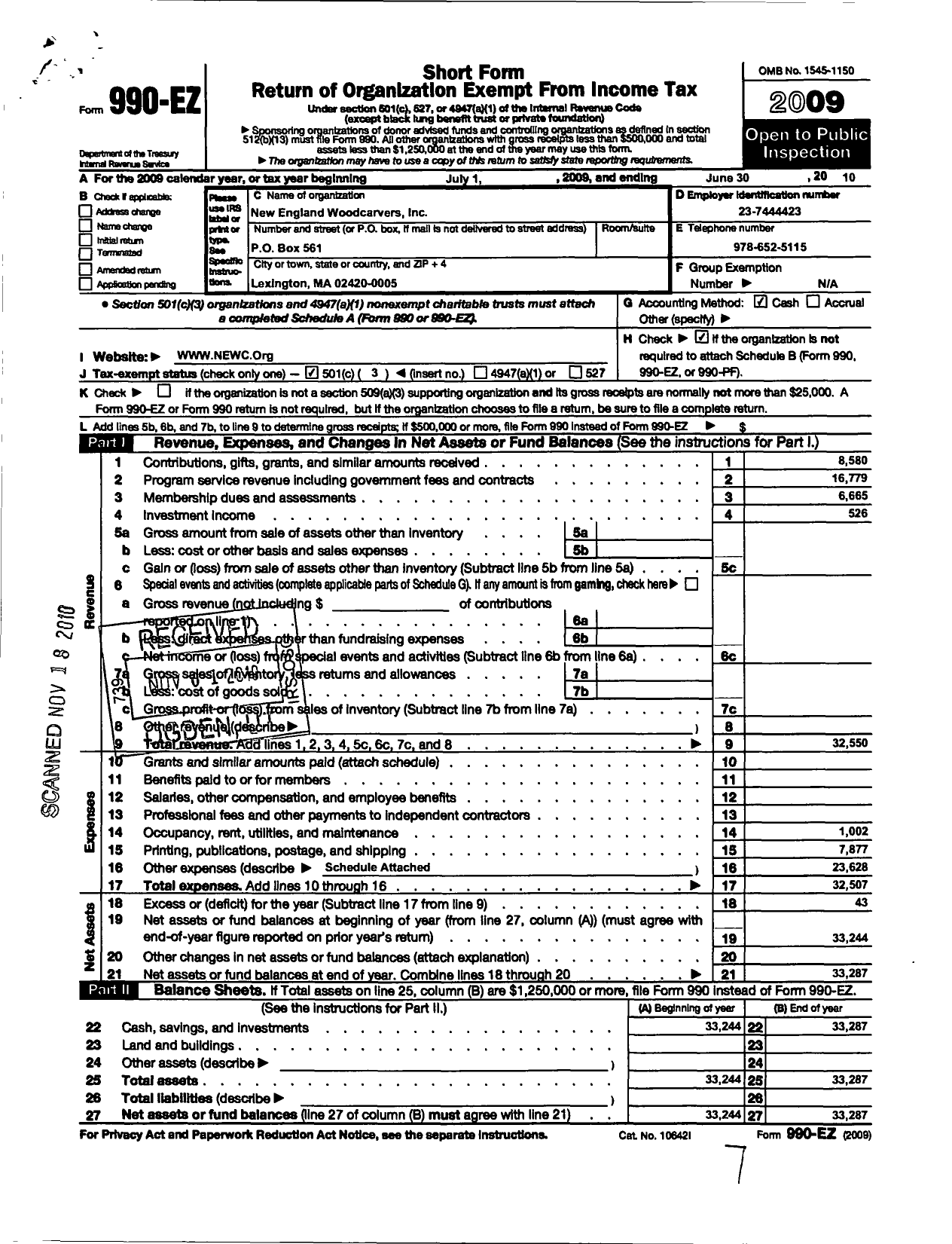 Image of first page of 2009 Form 990EZ for New England Woodcarvers