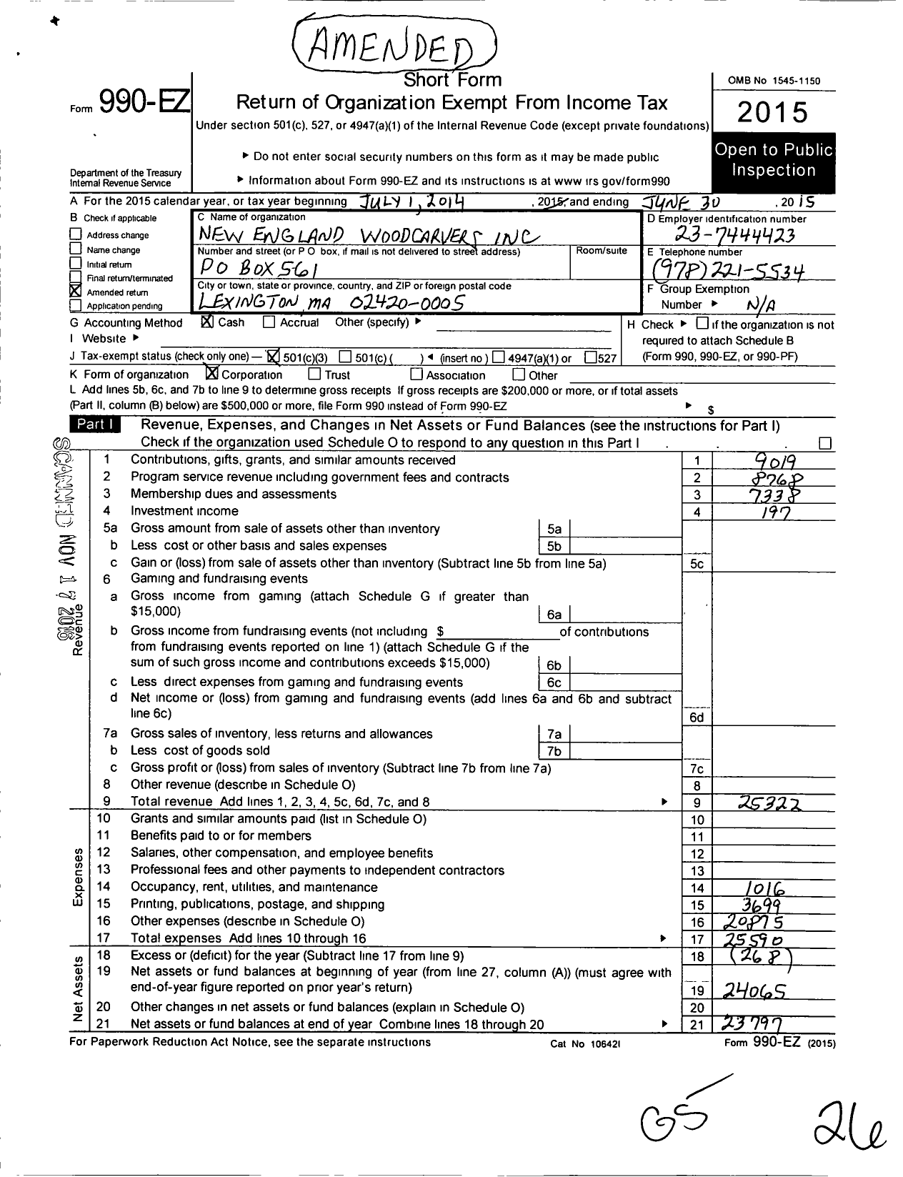 Image of first page of 2014 Form 990EZ for New England Woodcarvers