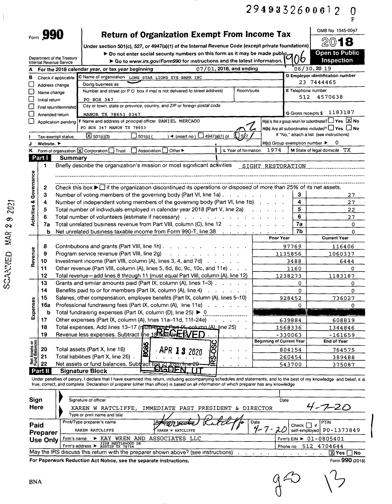 Image of first page of 2018 Form 990 for Lone Star Lions Eye Bank