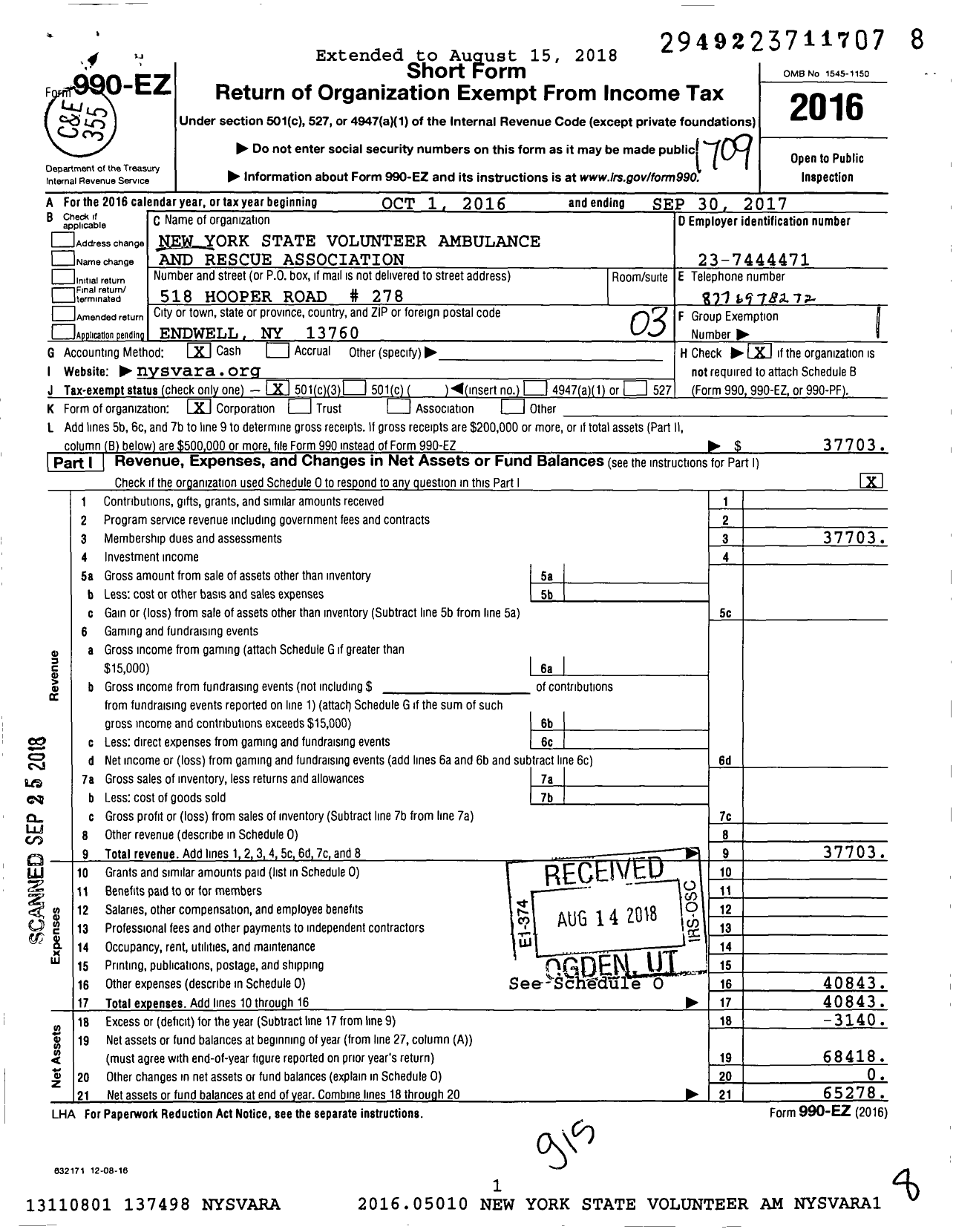 Image of first page of 2016 Form 990EZ for New York State Volunteer Ambulance and Rescue Association