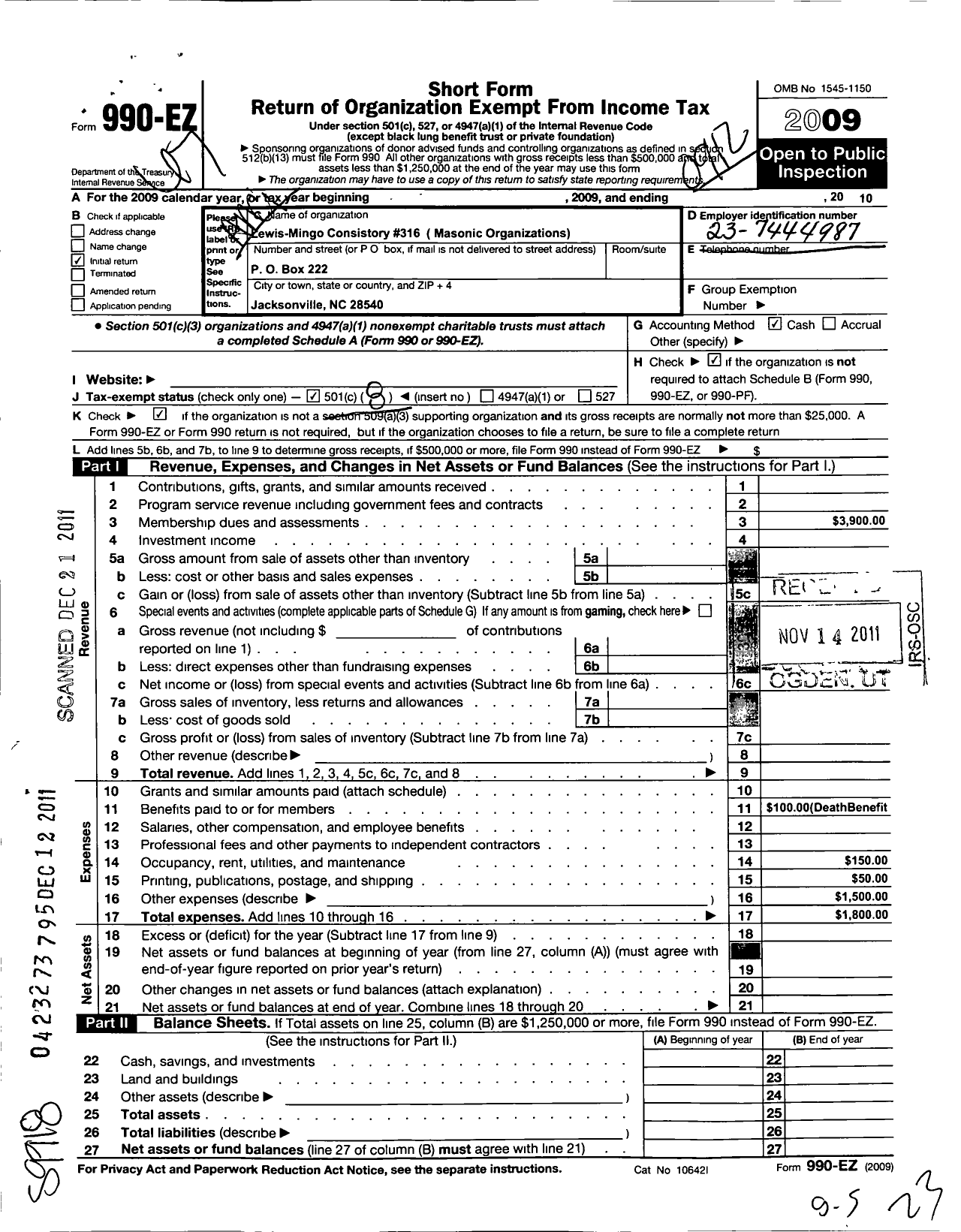 Image of first page of 2009 Form 990EO for Ancient and Accepted Scottish Rite of Free Masonry Southern - 316 Lewis Mingo