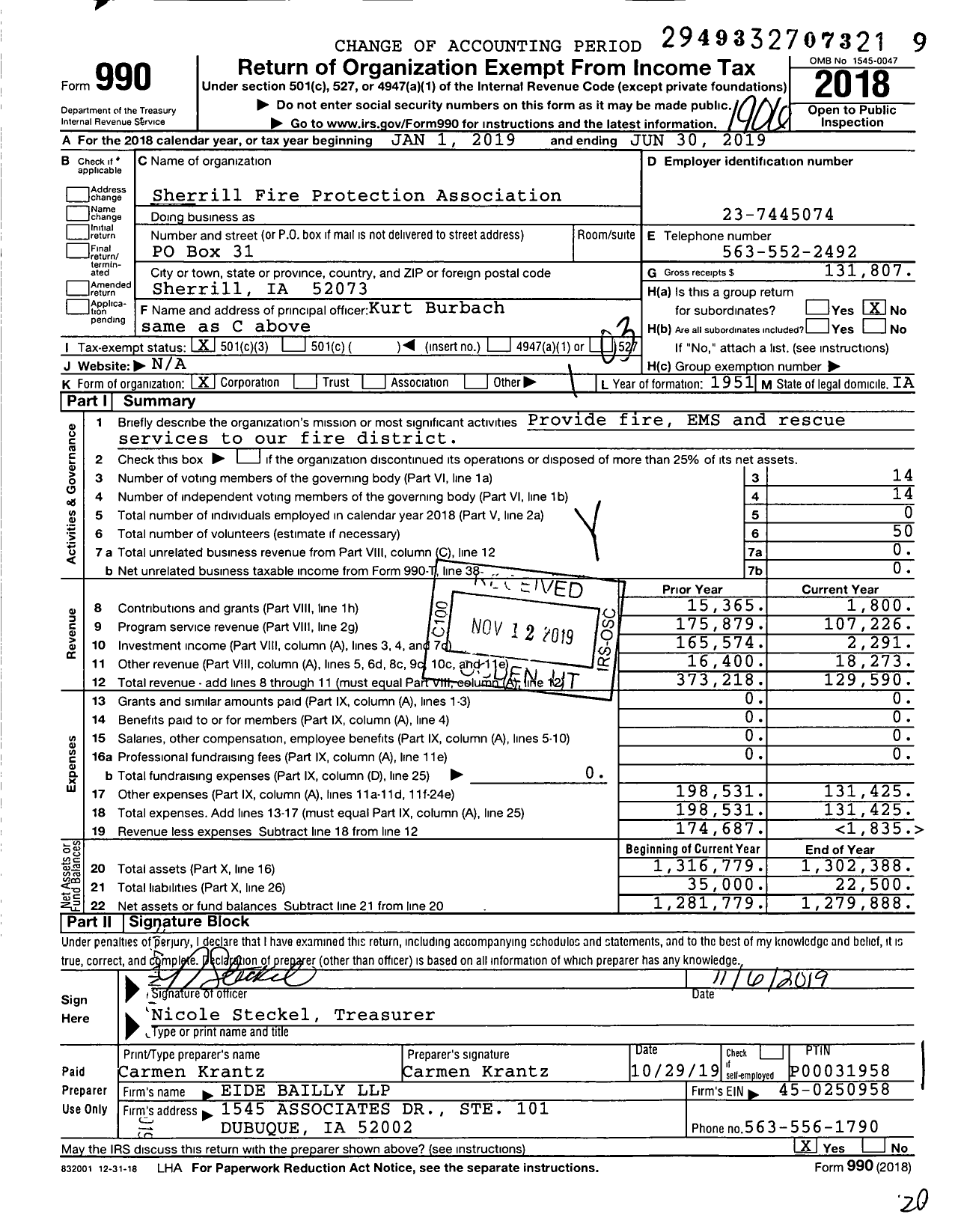 Image of first page of 2018 Form 990 for Sherrill Fire Protection Association