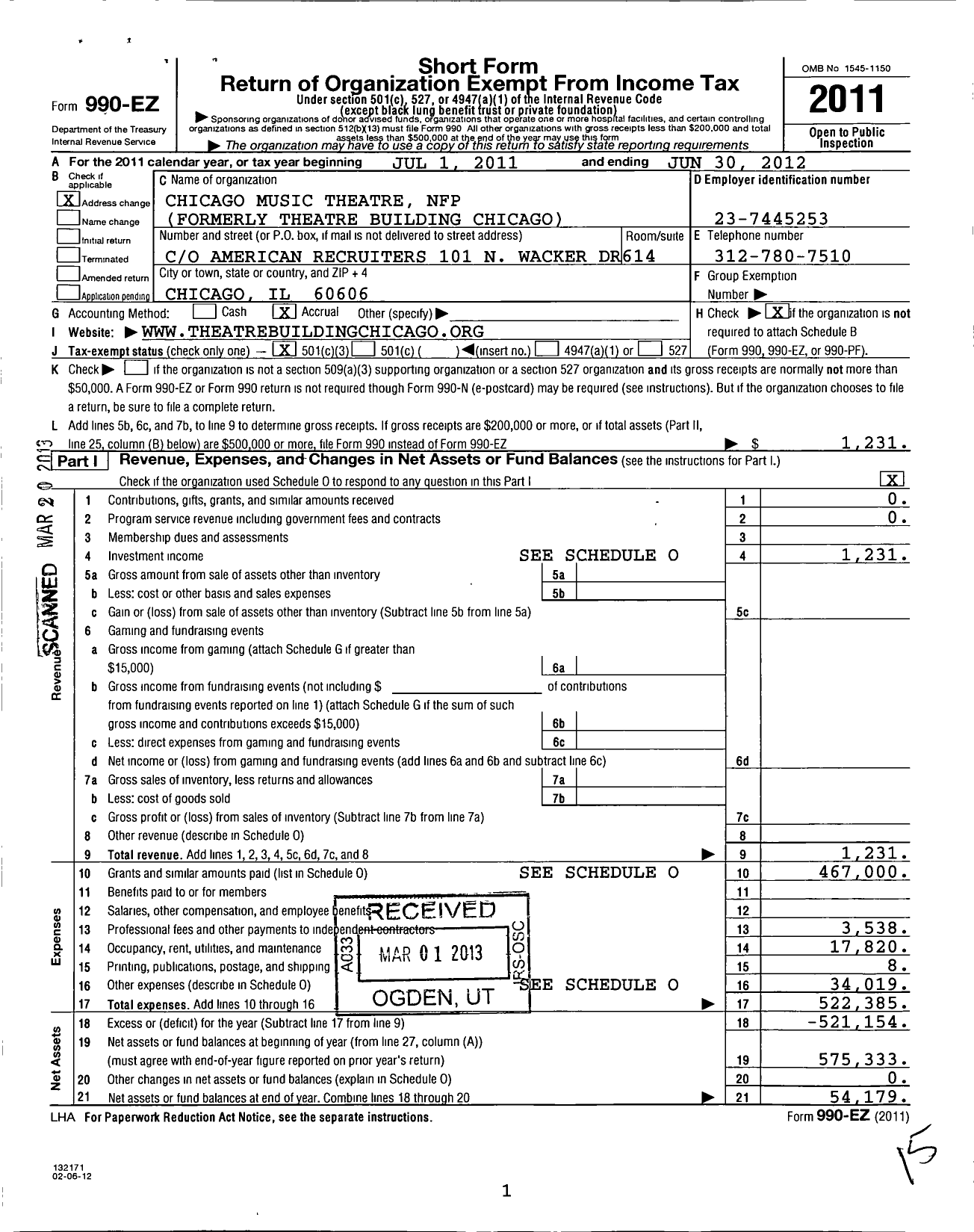 Image of first page of 2011 Form 990EZ for Chicago Music Theatre NFP