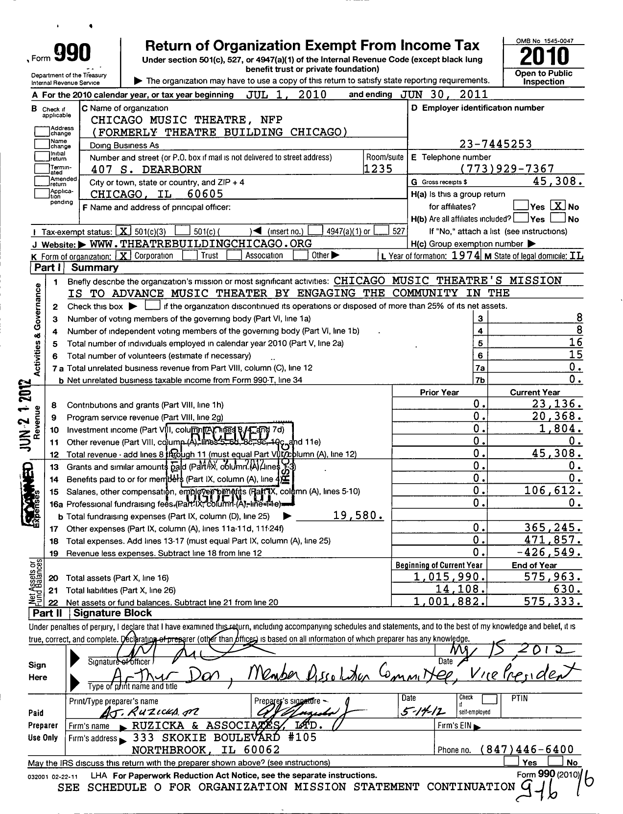 Image of first page of 2010 Form 990 for Chicago Music Theatre NFP