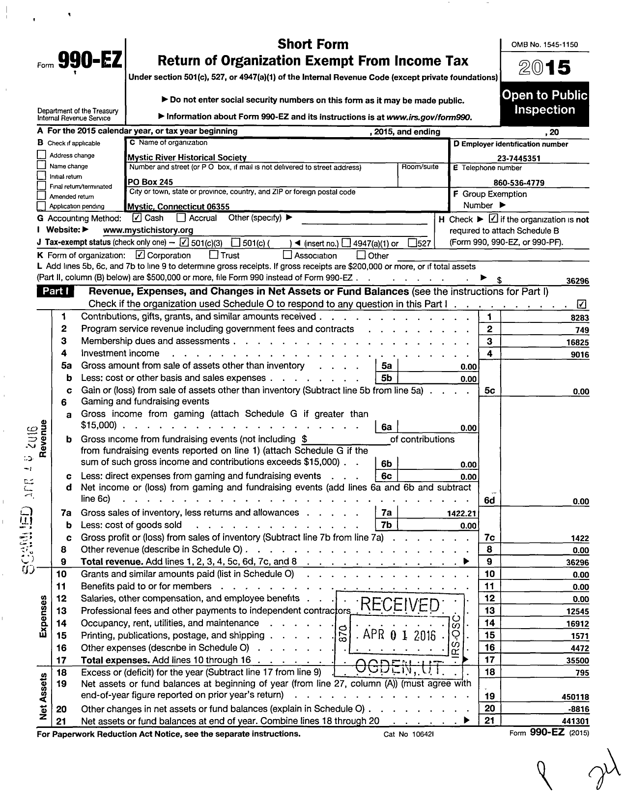 Image of first page of 2015 Form 990EZ for Mystic River Historical Society