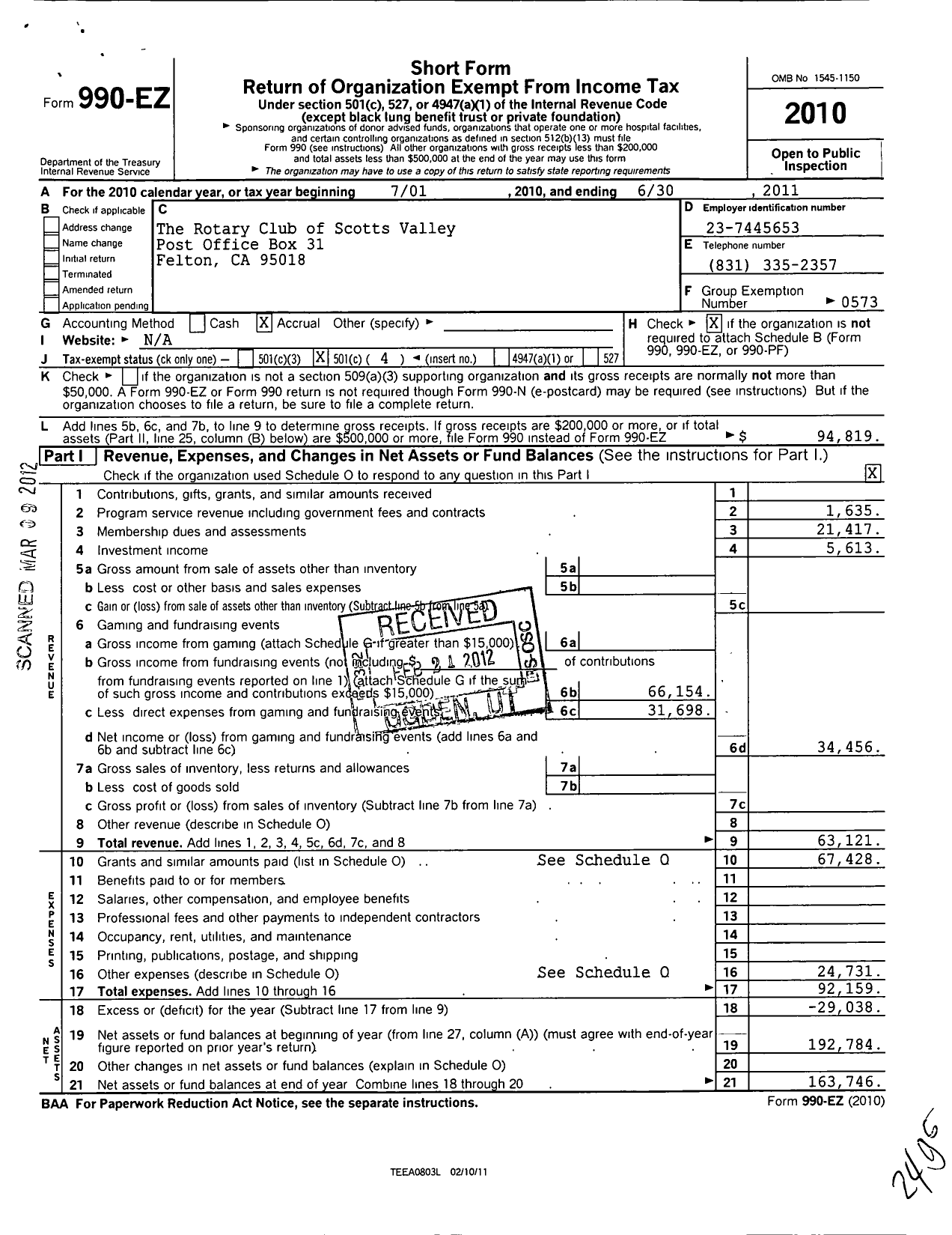 Image of first page of 2010 Form 990EO for Rotary International - Scotts Valley Rotary Club