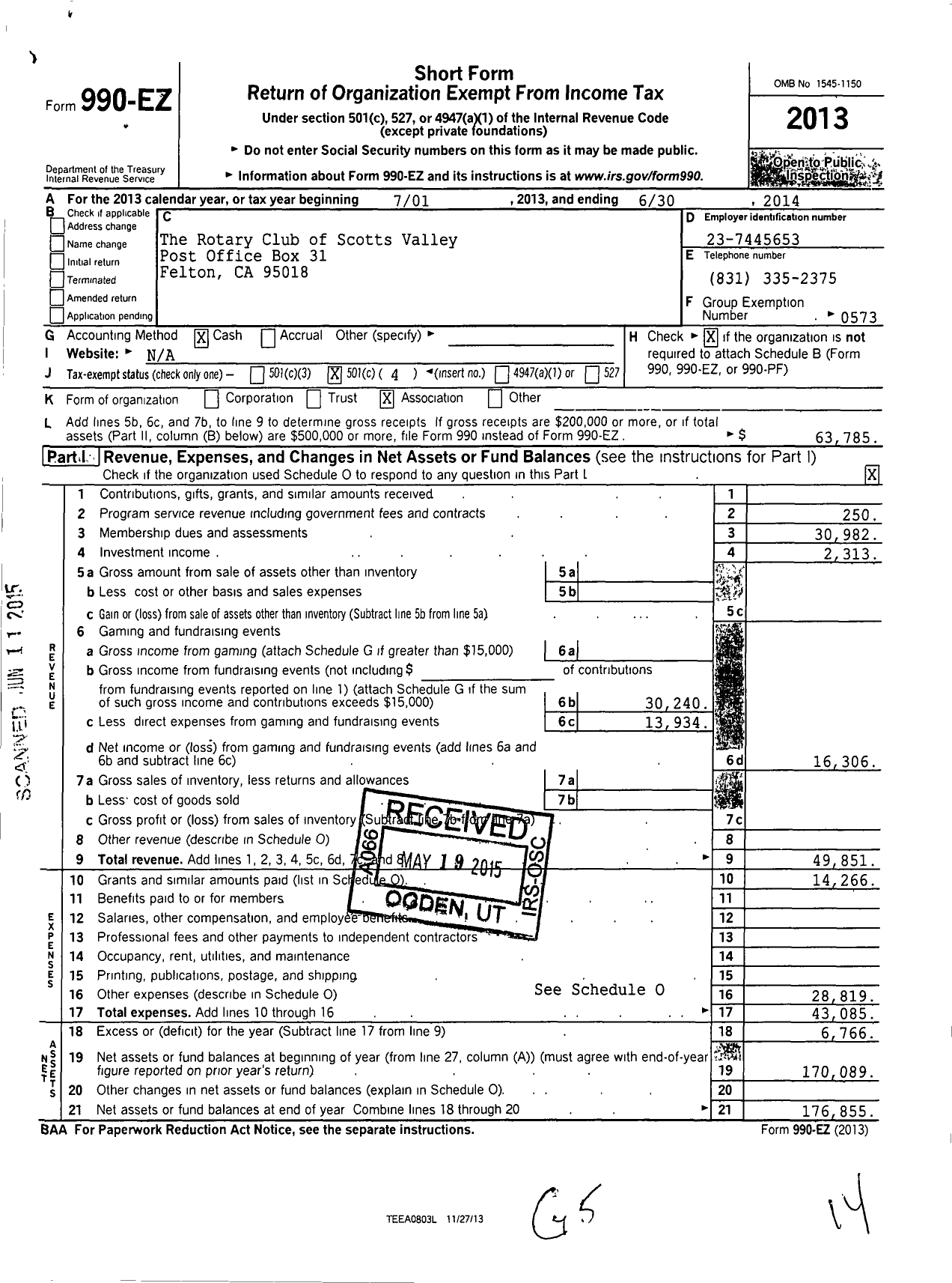 Image of first page of 2013 Form 990EO for Rotary International - Scotts Valley Rotary Club