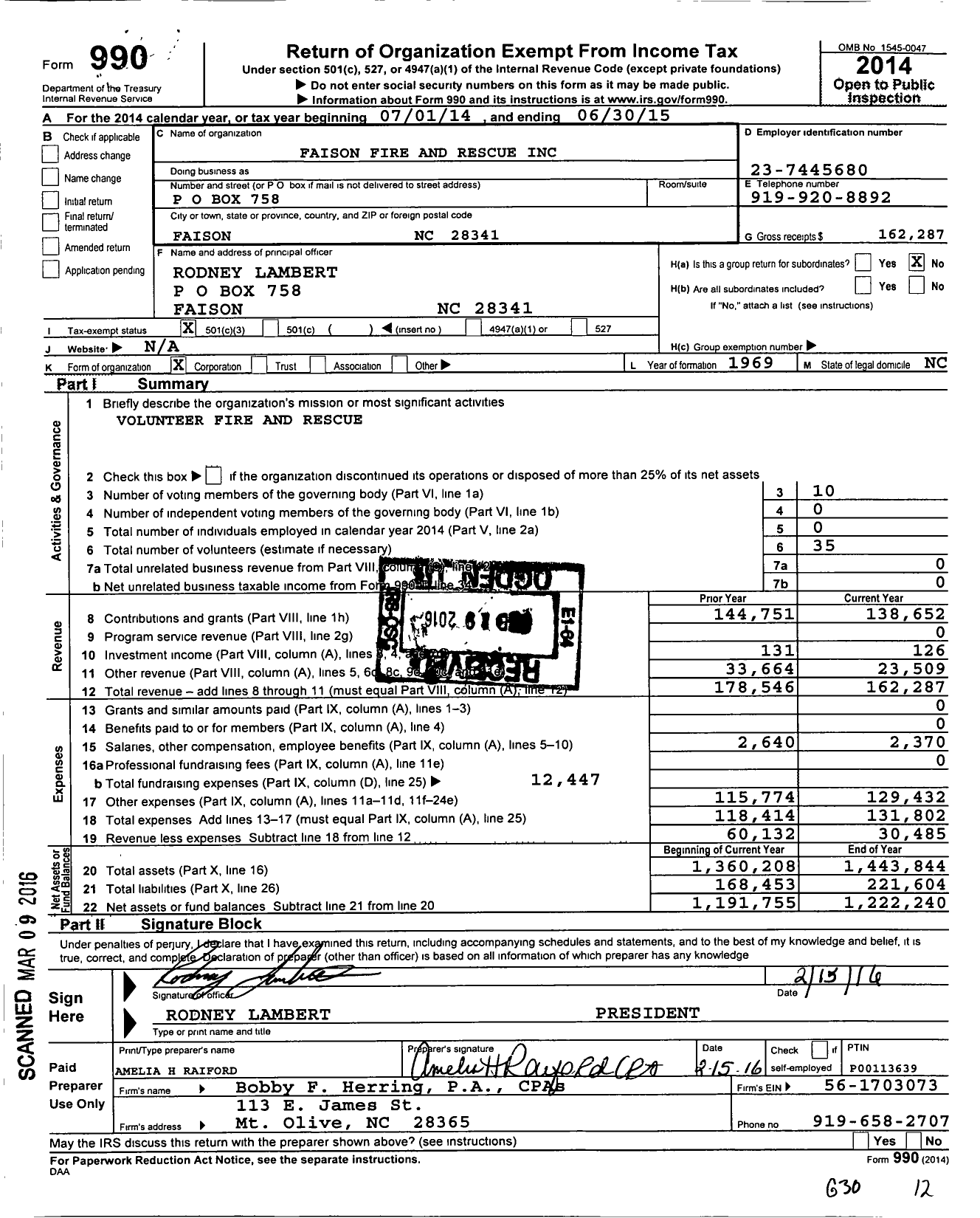 Image of first page of 2014 Form 990 for Faison Fire and Rescue