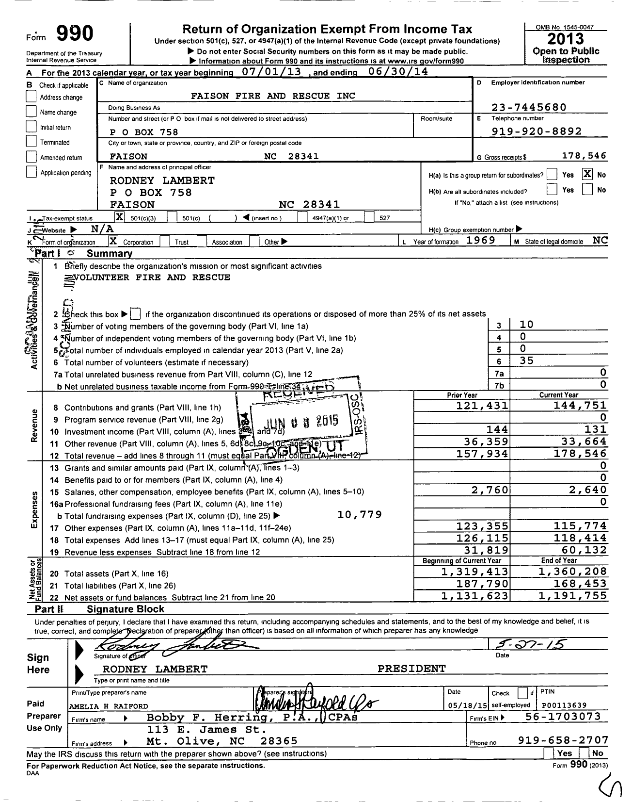 Image of first page of 2013 Form 990 for Faison Fire and Rescue