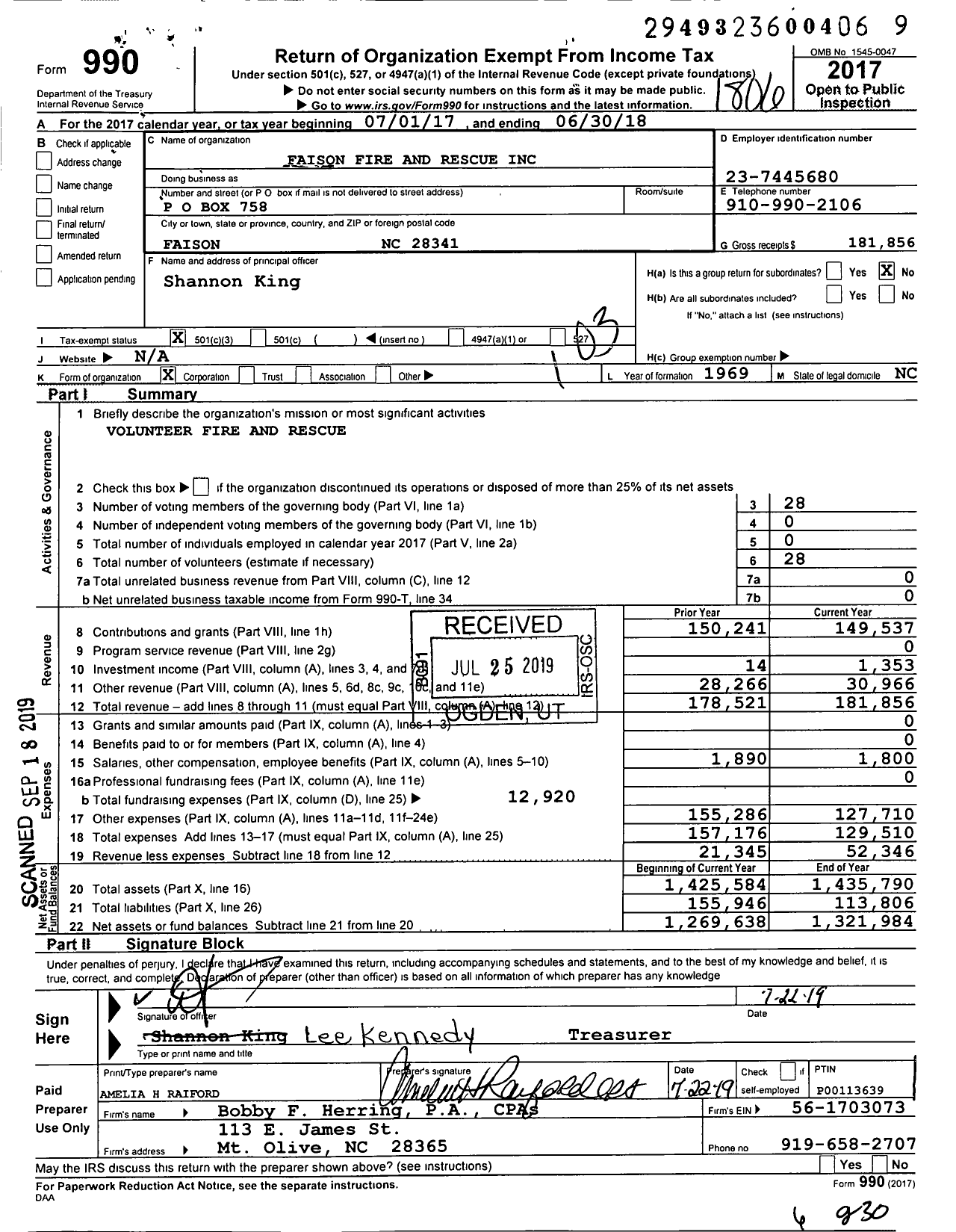 Image of first page of 2017 Form 990 for Faison Fire and Rescue