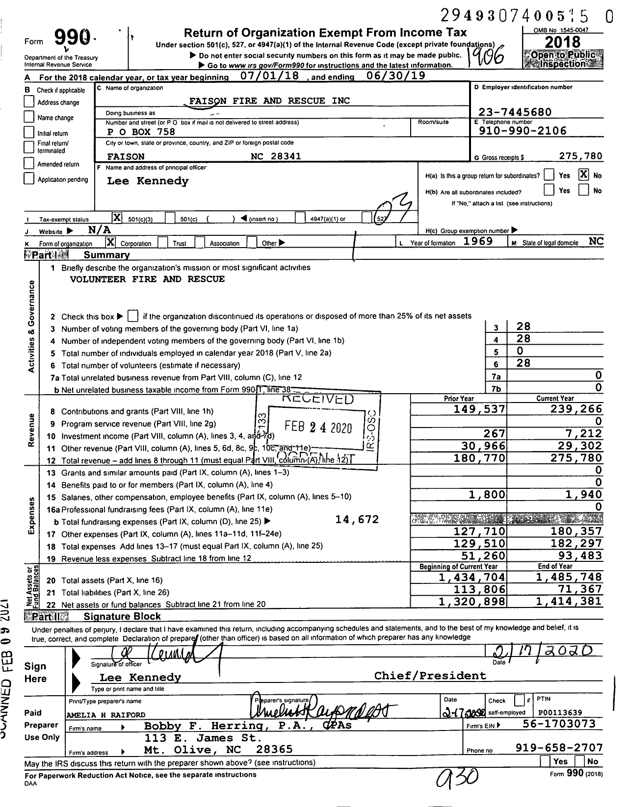 Image of first page of 2018 Form 990 for Faison Fire and Rescue