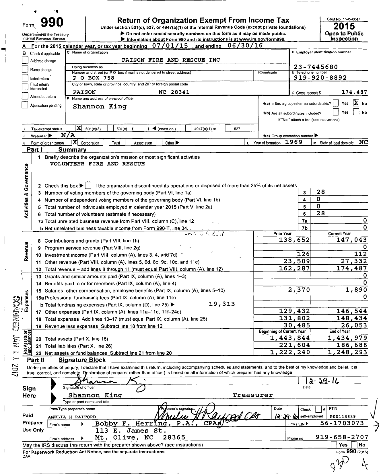 Image of first page of 2015 Form 990 for Faison Fire and Rescue