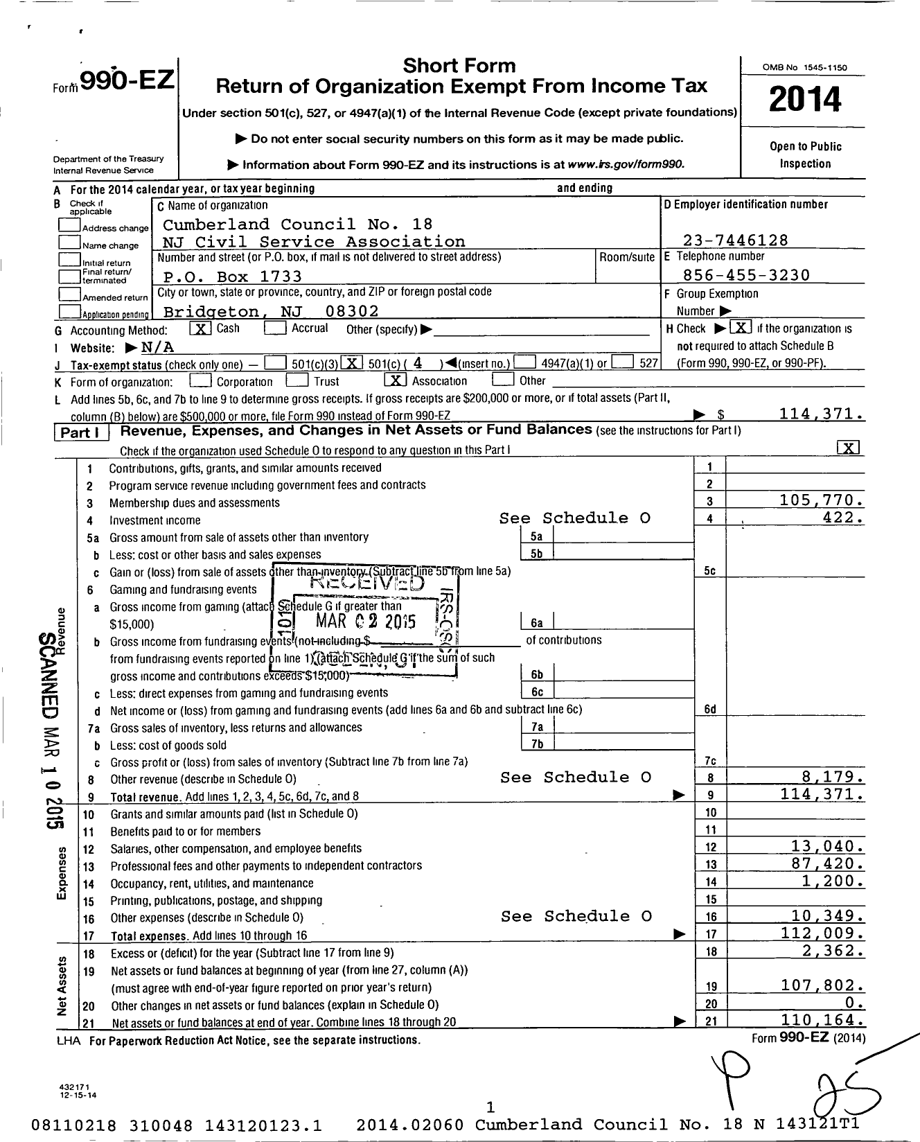 Image of first page of 2014 Form 990EO for Cumberland Council No 18 NJ Civil Service Association