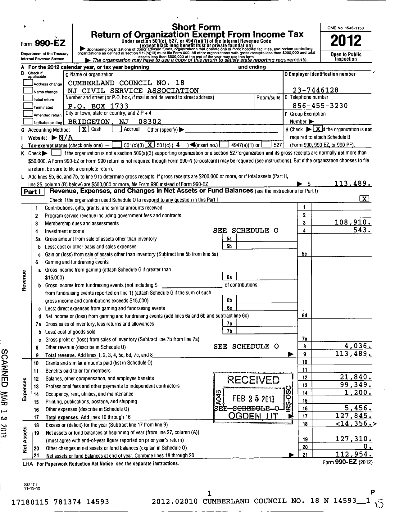 Image of first page of 2012 Form 990EO for Cumberland Council No 18 NJ Civil Service Association