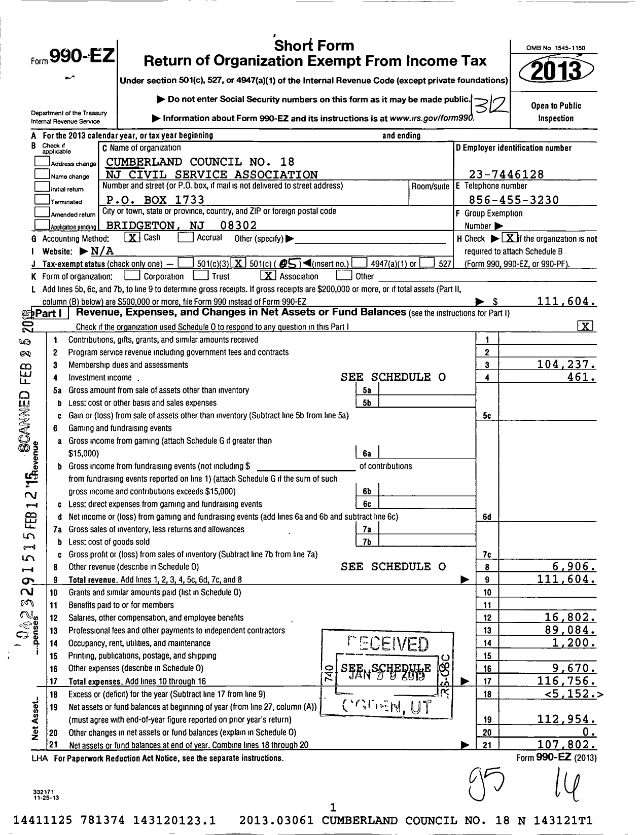 Image of first page of 2013 Form 990EO for Cumberland Council No 18 NJ Civil Service Association