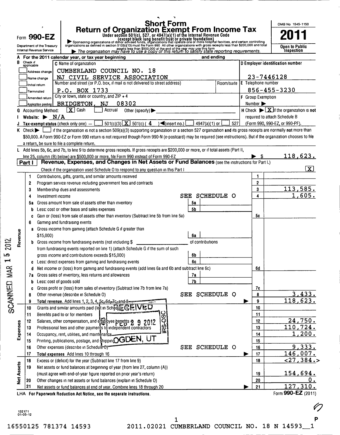 Image of first page of 2011 Form 990EO for Cumberland Council No 18 NJ Civil Service Association