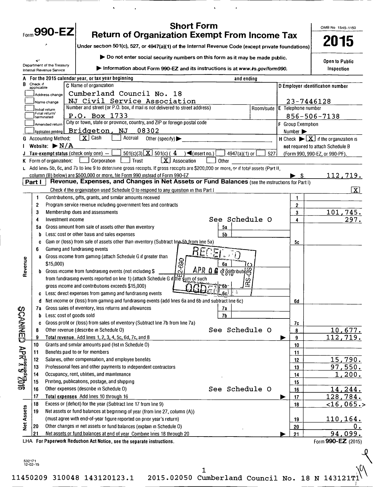 Image of first page of 2015 Form 990EO for Cumberland Council No 18 NJ Civil Service Association