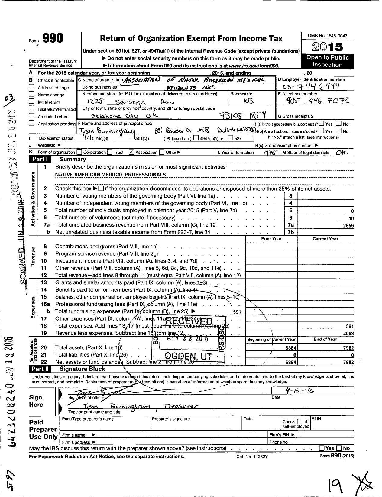 Image of first page of 2015 Form 990 for Association of Native American Medical Students