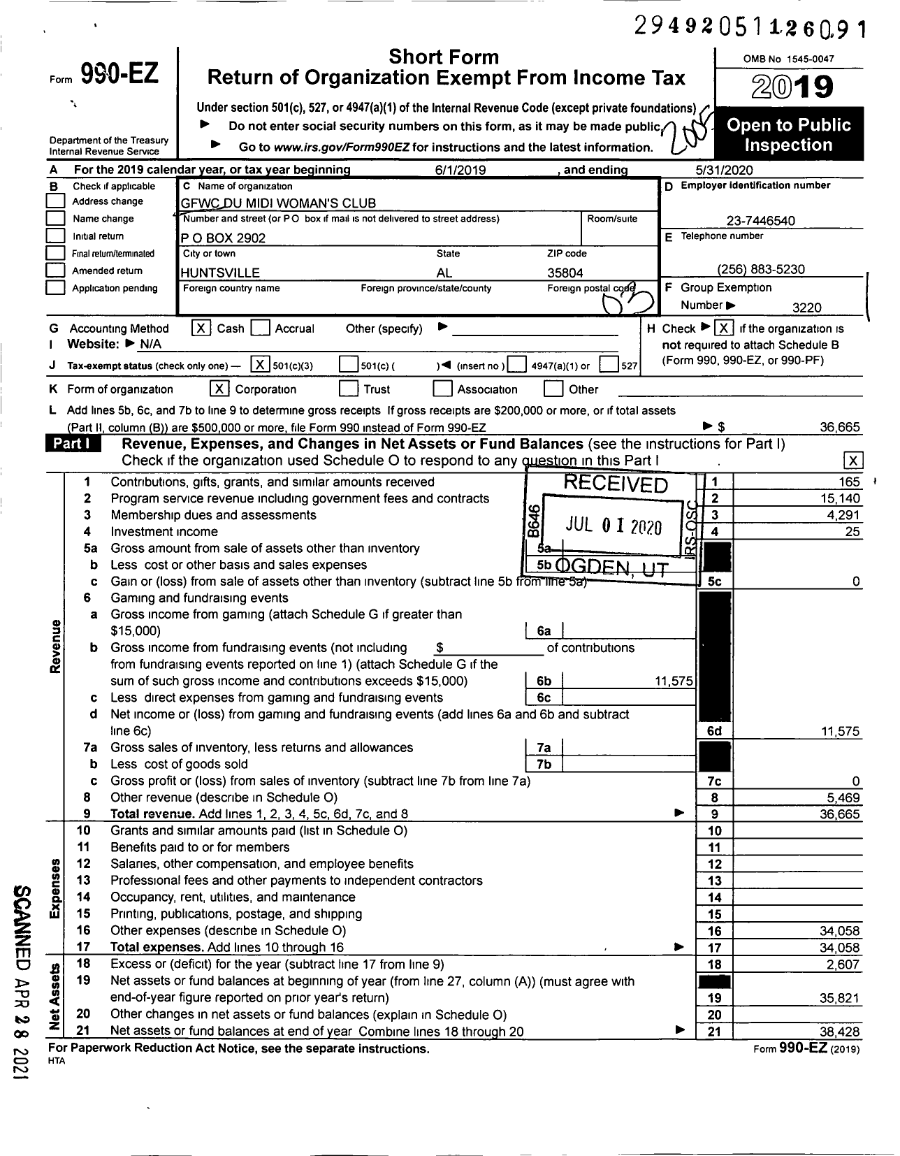 Image of first page of 2019 Form 990EZ for GFWC Du Midi Woman's Club