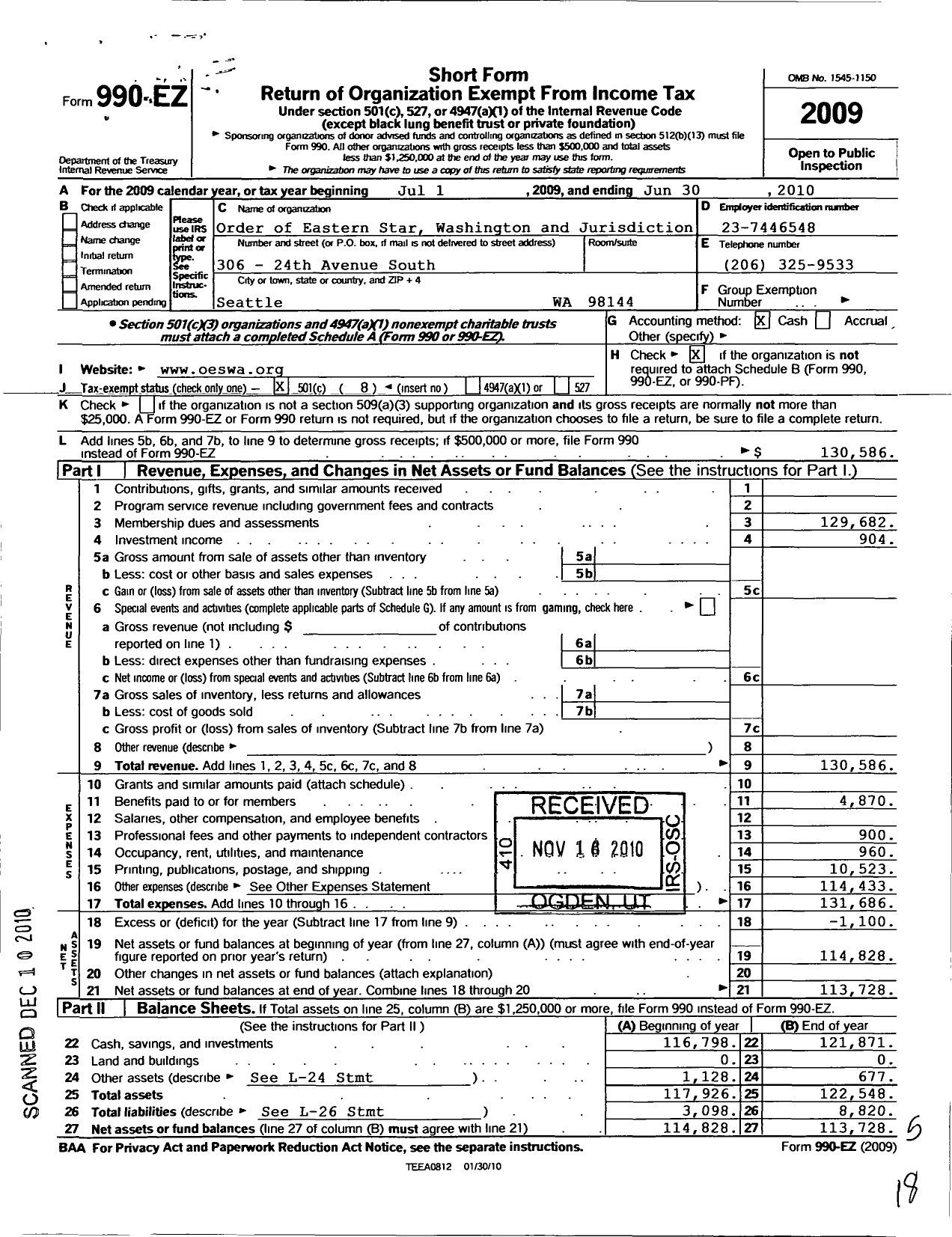 Image of first page of 2009 Form 990EO for Order of Eastern Star Washington and Jurisdiction