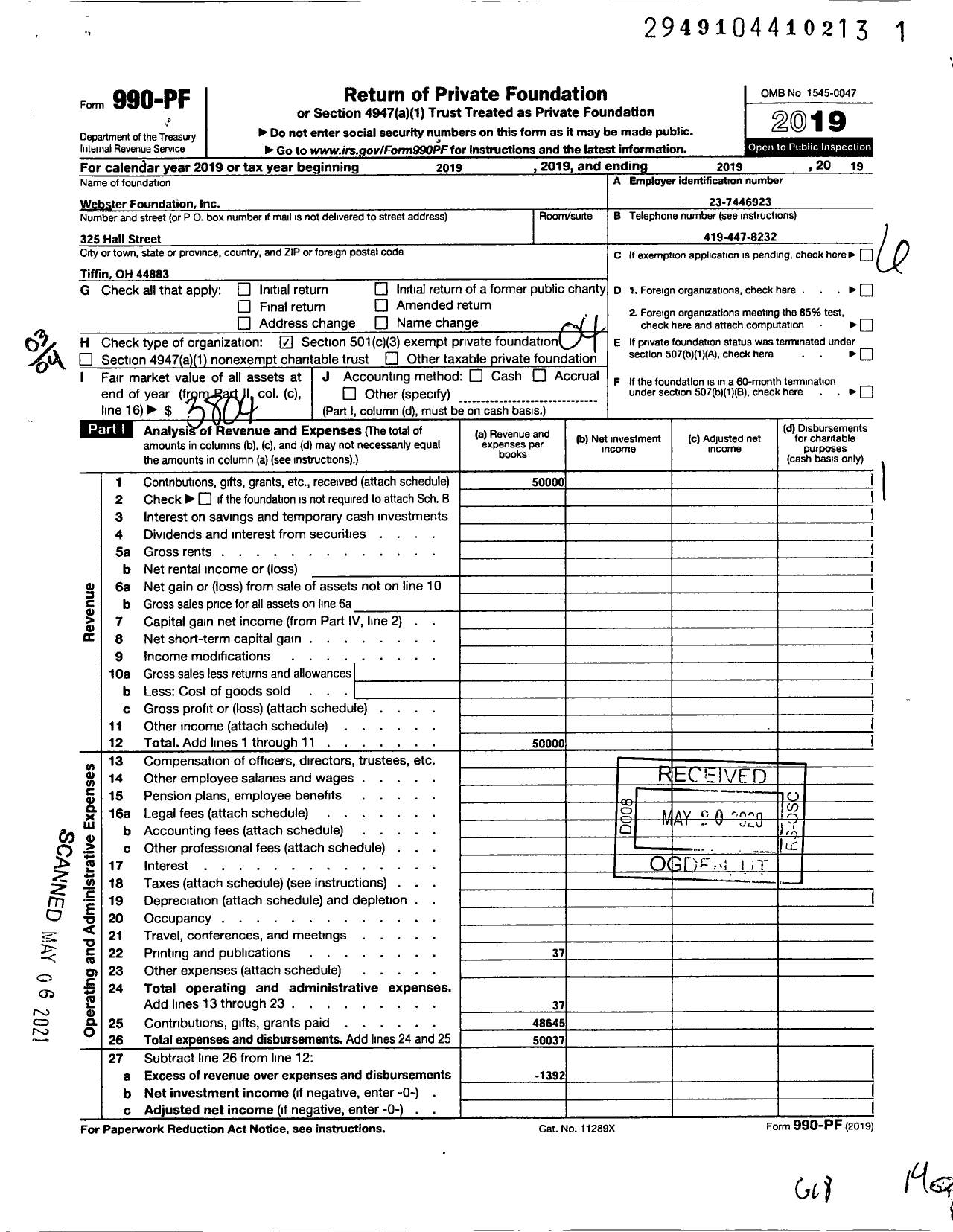 Image of first page of 2019 Form 990PF for Webster Foundation