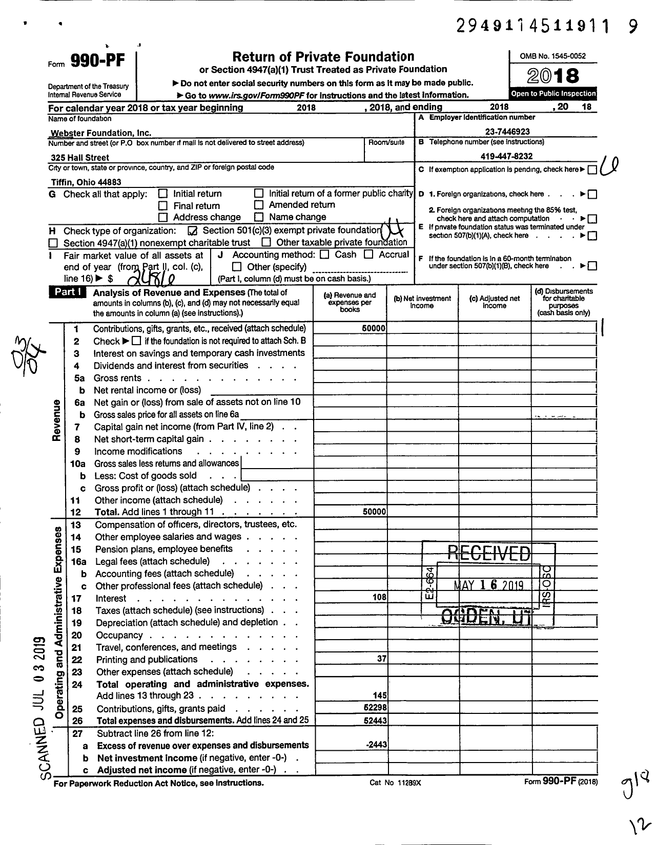 Image of first page of 2018 Form 990PF for Webster Foundation