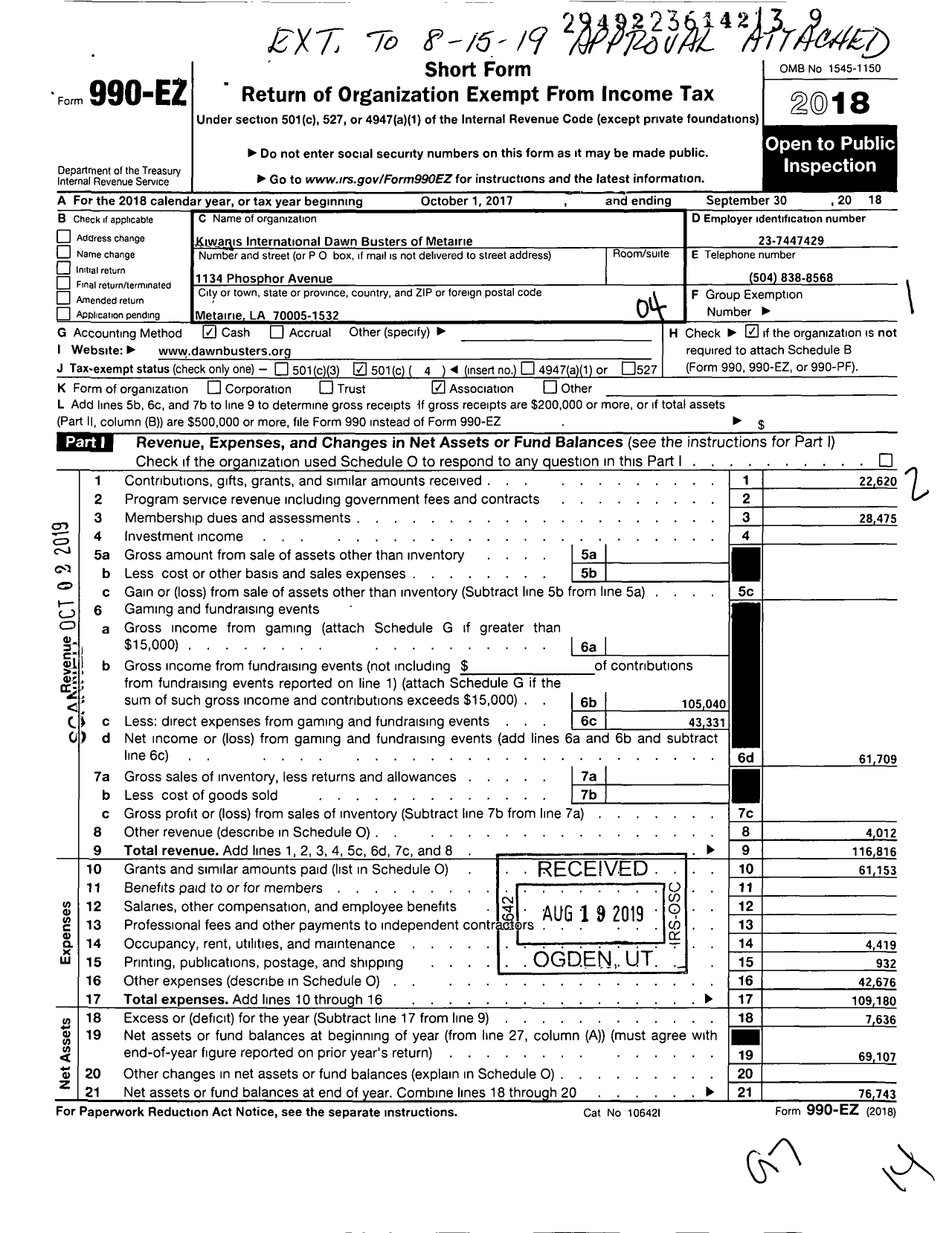 Image of first page of 2017 Form 990EO for Kiwanis International - K07376 Dawnbusters Metairie