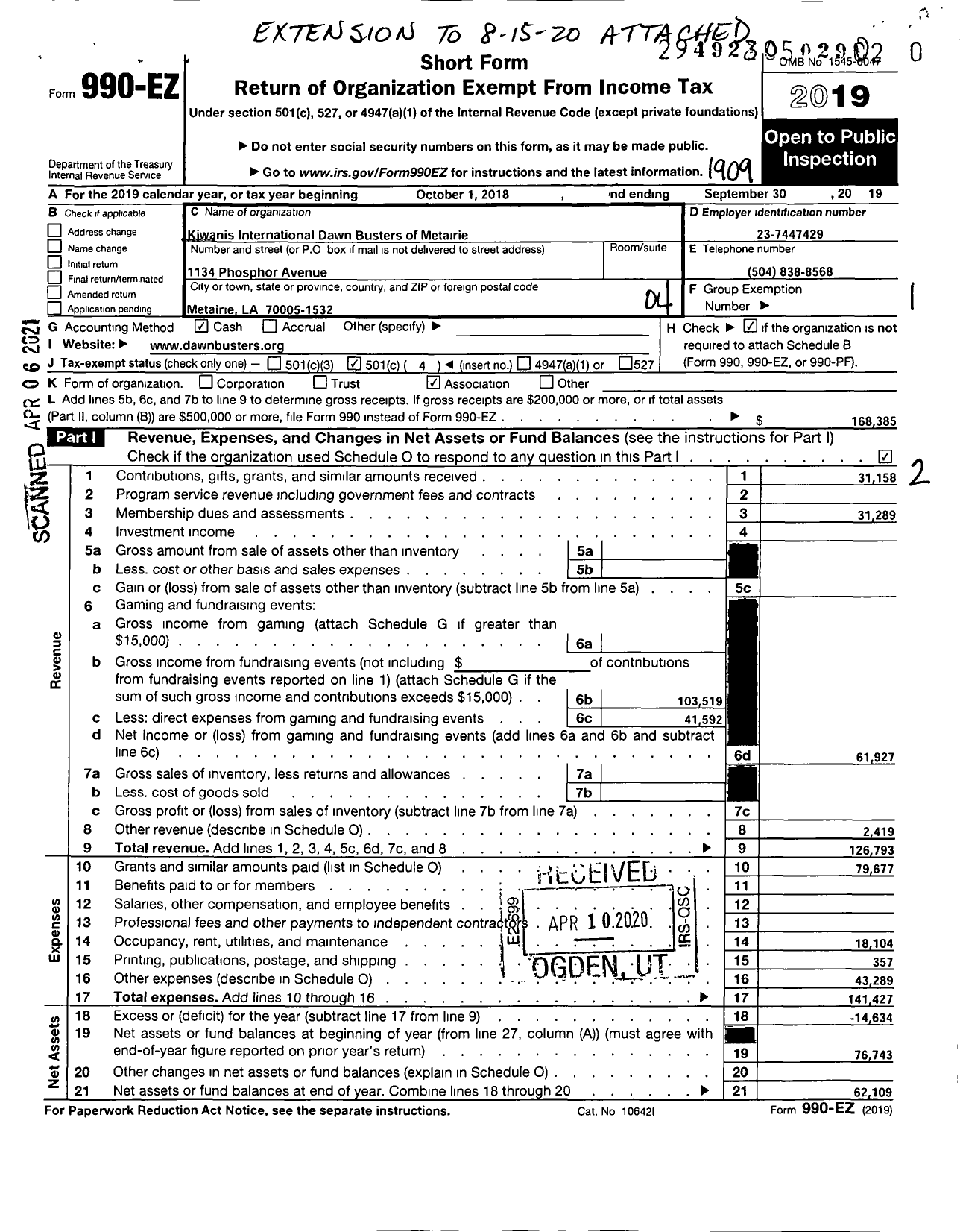 Image of first page of 2018 Form 990EO for Kiwanis International - K07376 Dawnbusters Metairie