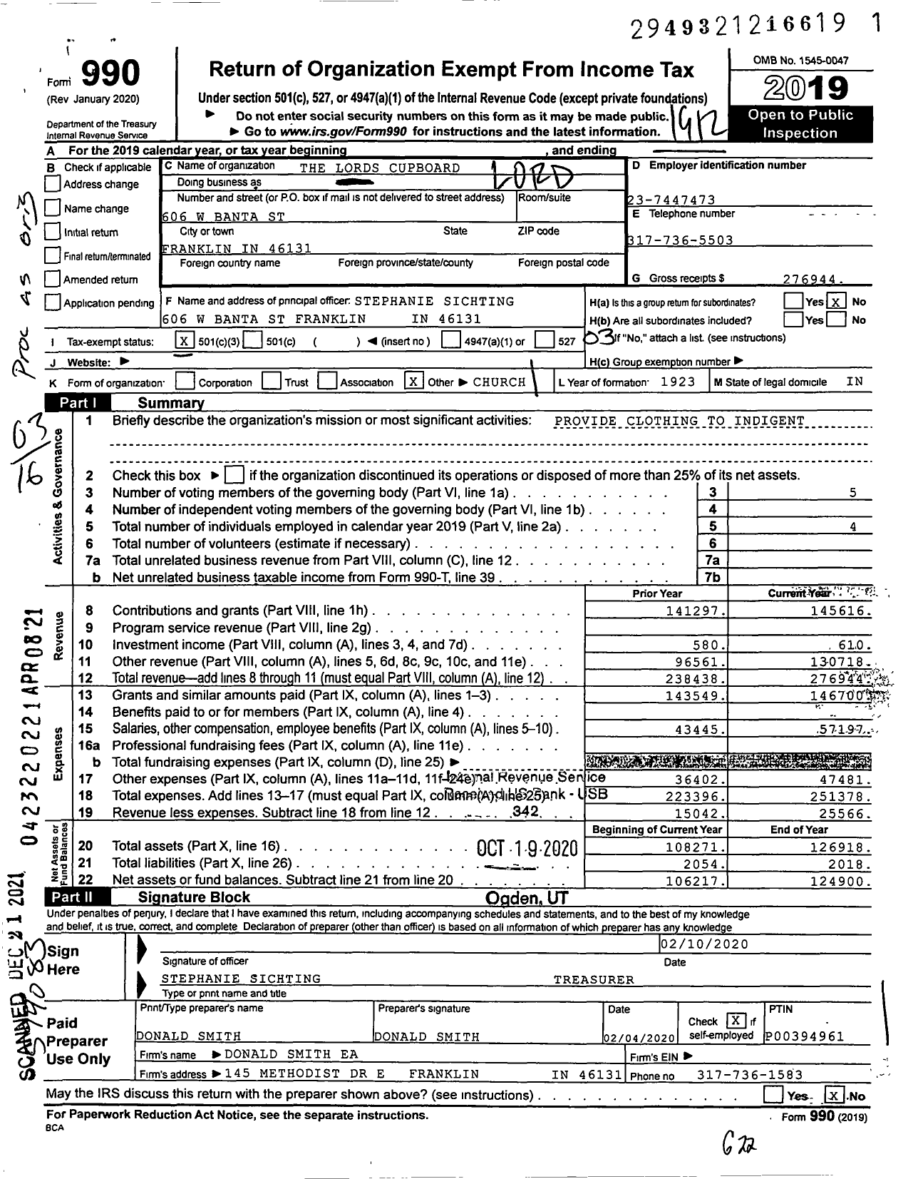 Image of first page of 2019 Form 990 for The Lords Cupboard