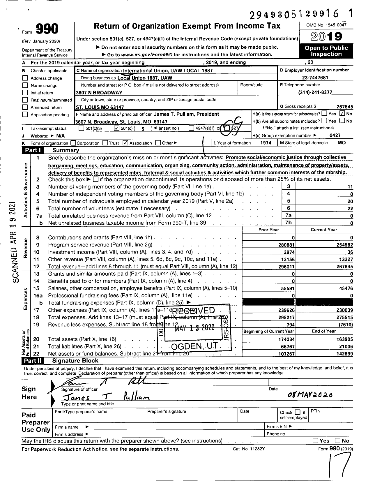 Image of first page of 2019 Form 990O for UAW - LOCAL Union 1887 UAW