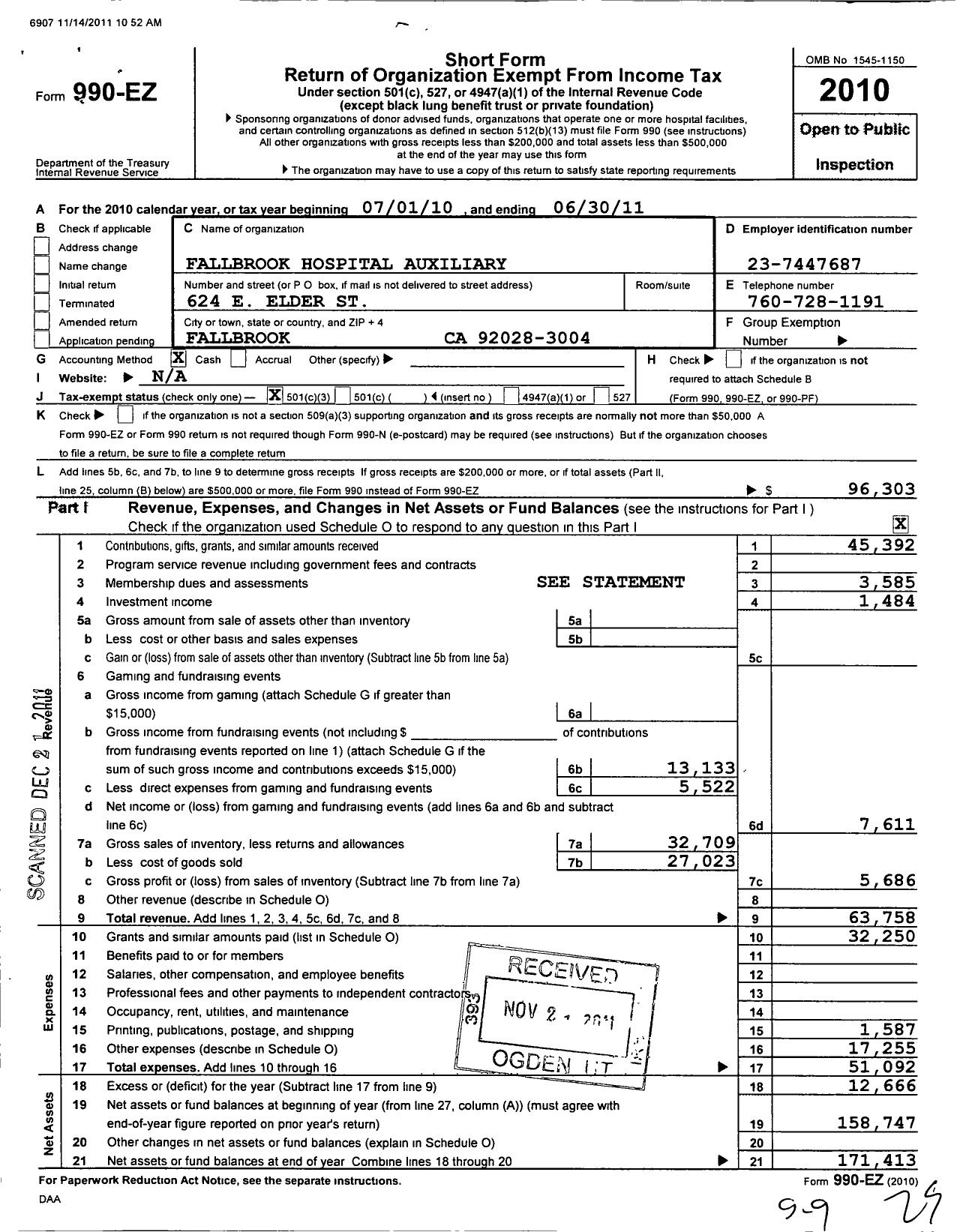 Image of first page of 2010 Form 990EZ for Fallbrook Hospital Auxiliary