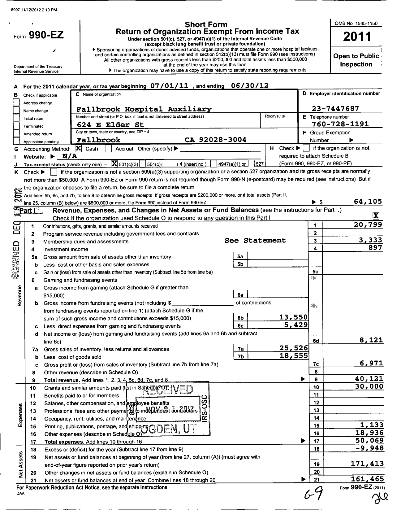 Image of first page of 2011 Form 990EZ for Fallbrook Hospital Auxiliary