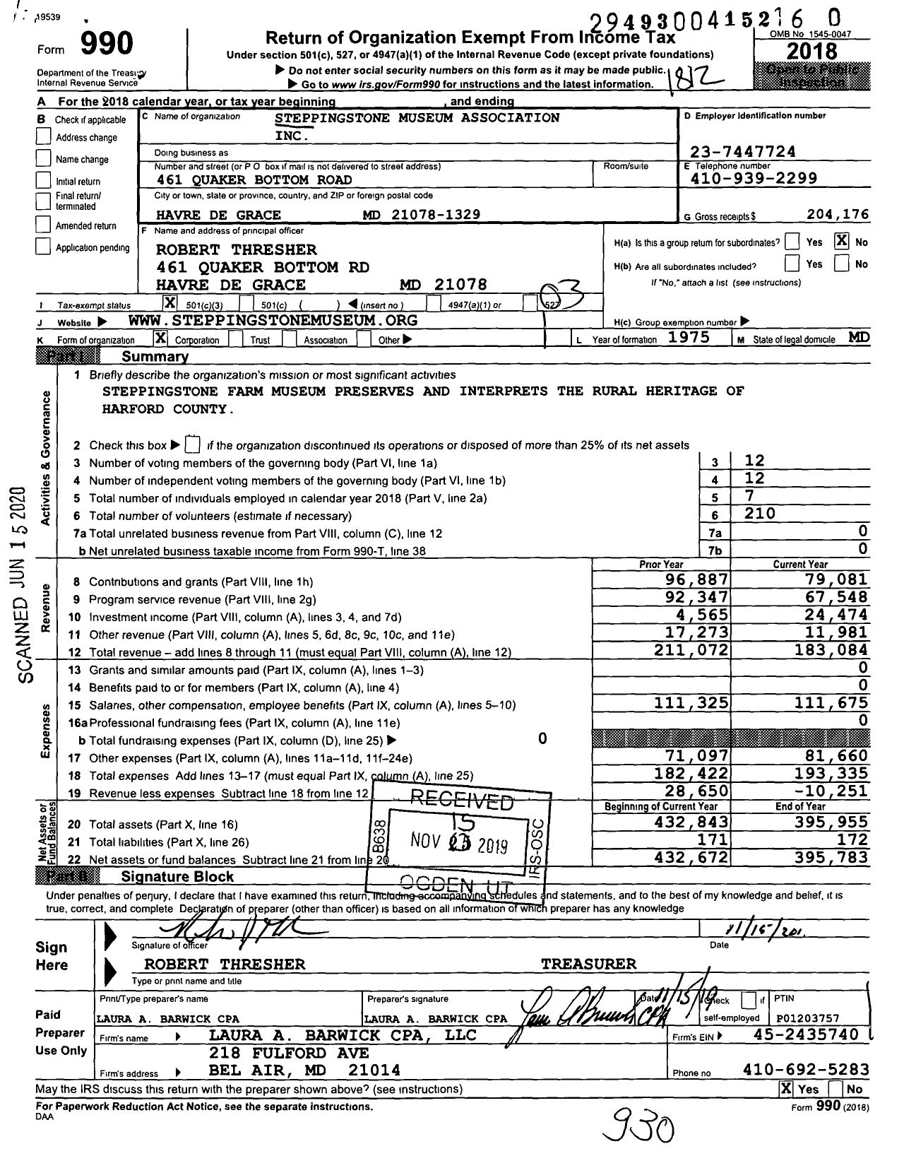 Image of first page of 2018 Form 990 for Steppingstone Museum Association