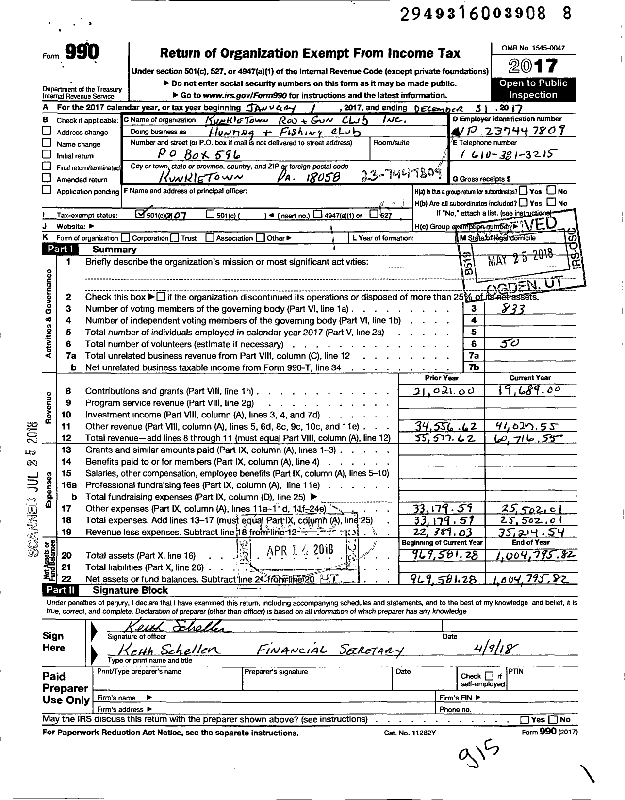 Image of first page of 2017 Form 990O for Kunkletown Rod and Gun Club
