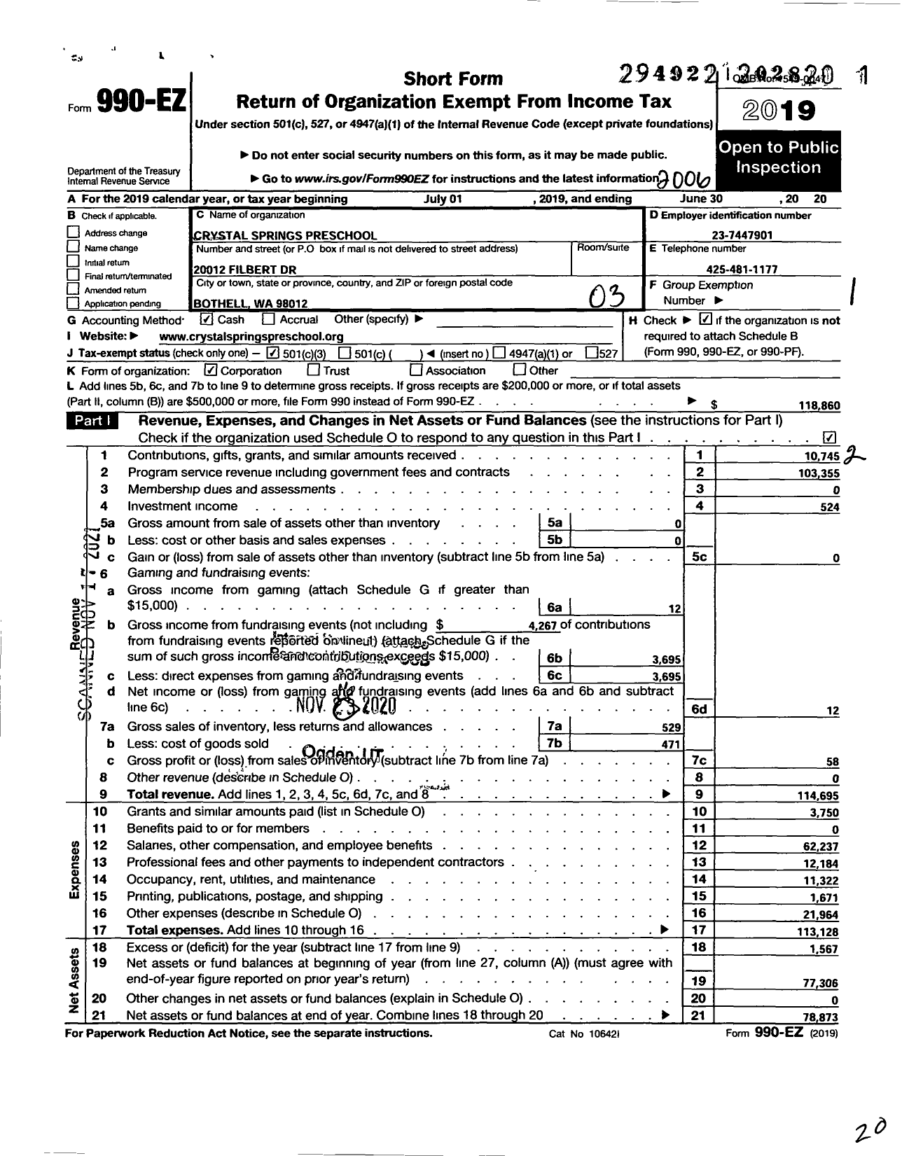 Image of first page of 2019 Form 990EZ for Crystal Springs Preschool